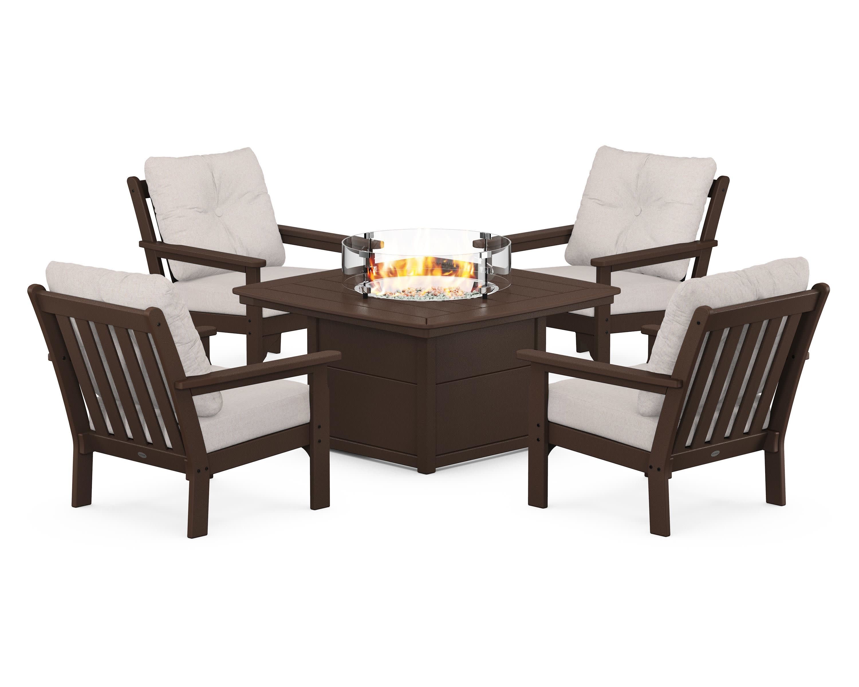 Vineyard 5-Piece Conversation Set with Fire Pit Table in Mahogany / Dune Burlap