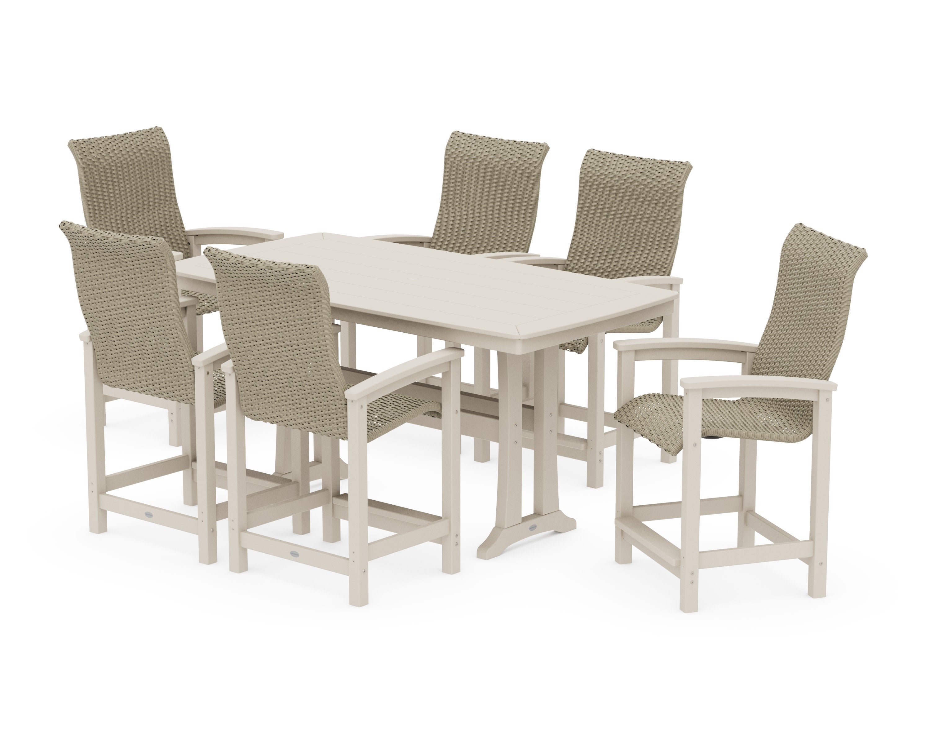 Coastal Woven High-Back Arm Chair 7-Piece Counter Set with Trestle Legs in Sand / Dune Grass