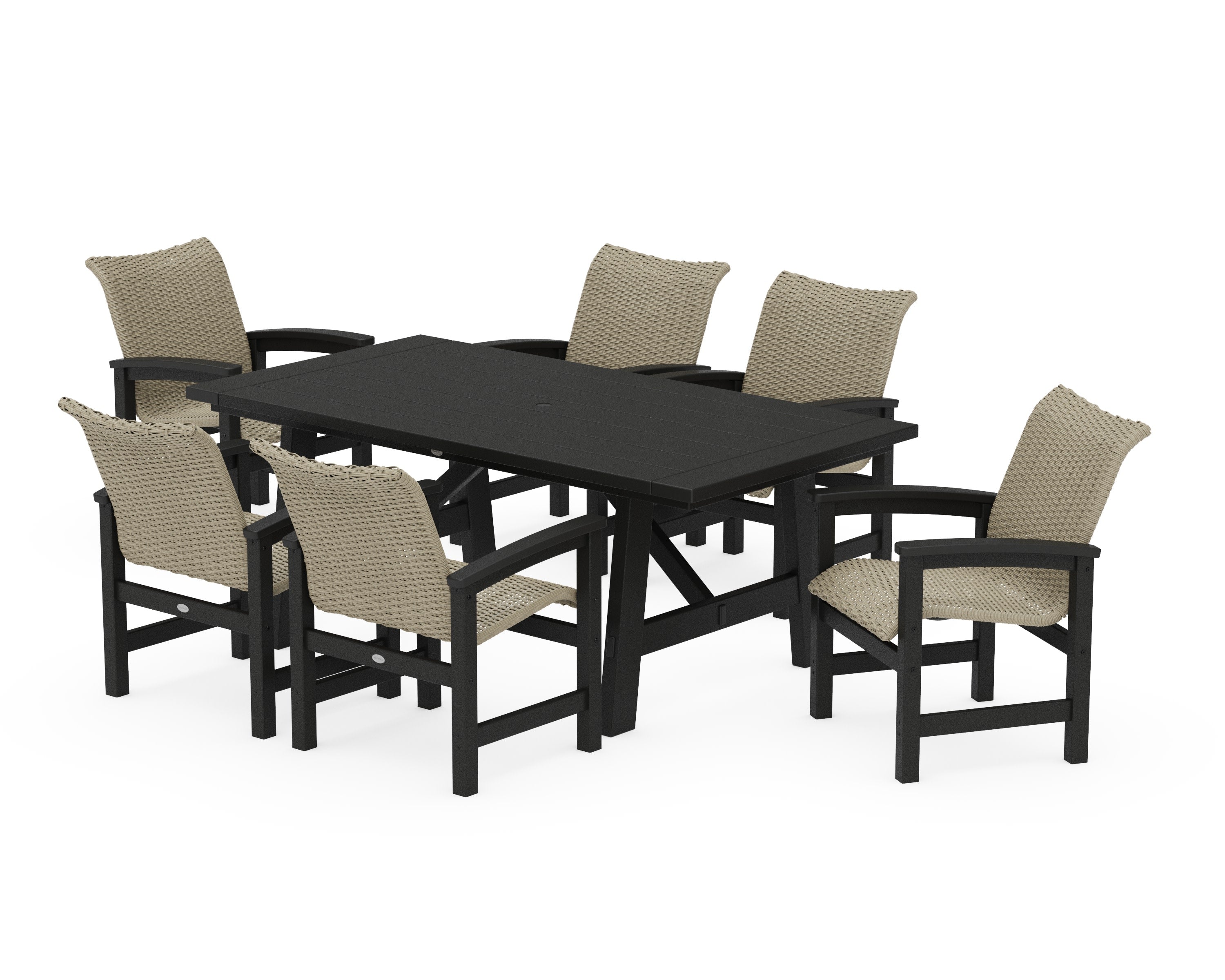 Coastal Woven Arm Chair 7-Piece Rustic Farmhouse Dining Set in Black / Dune Grass