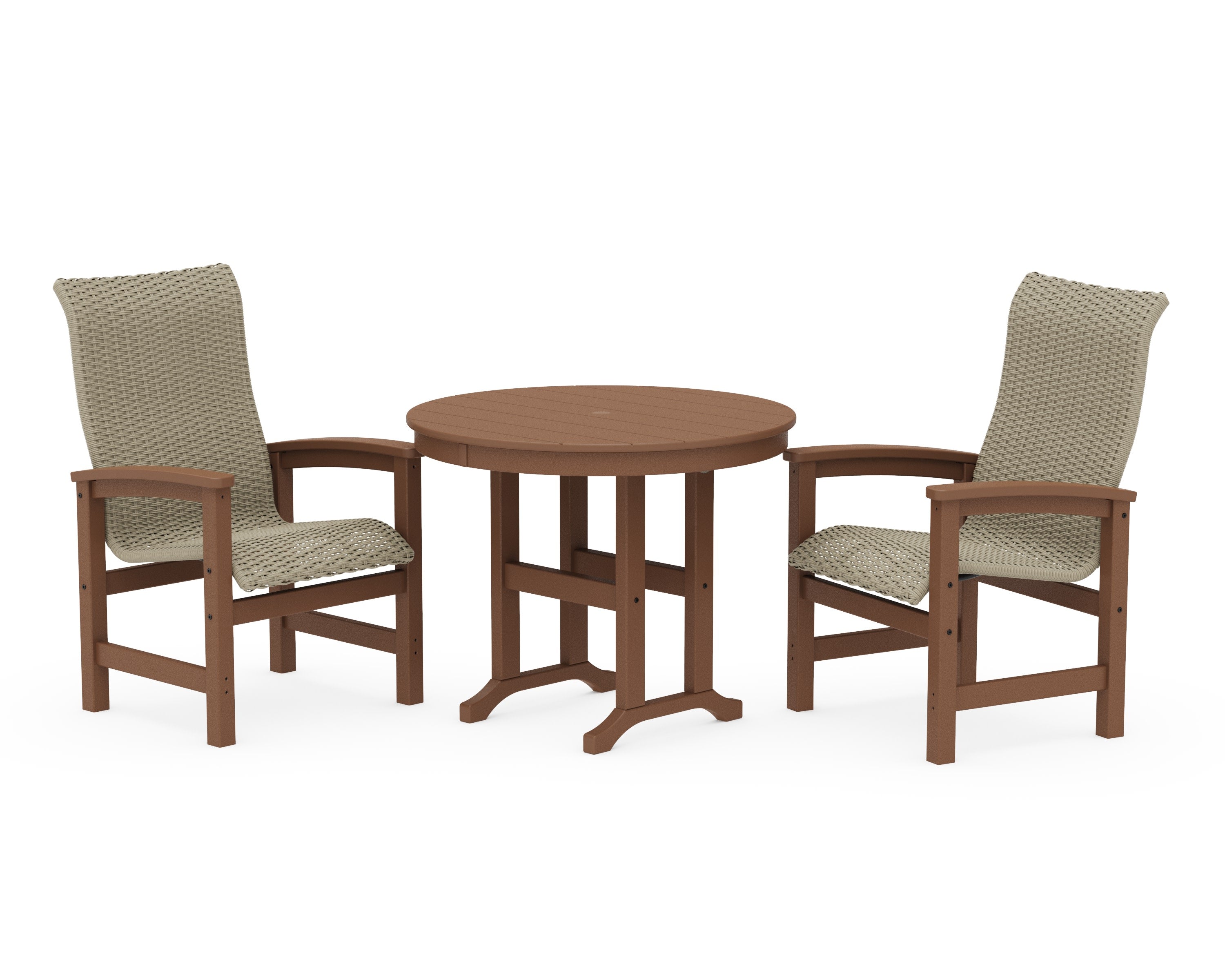 Coastal Woven High-Back 3-Piece Farmhouse Dining Set in Teak / Dune Grass