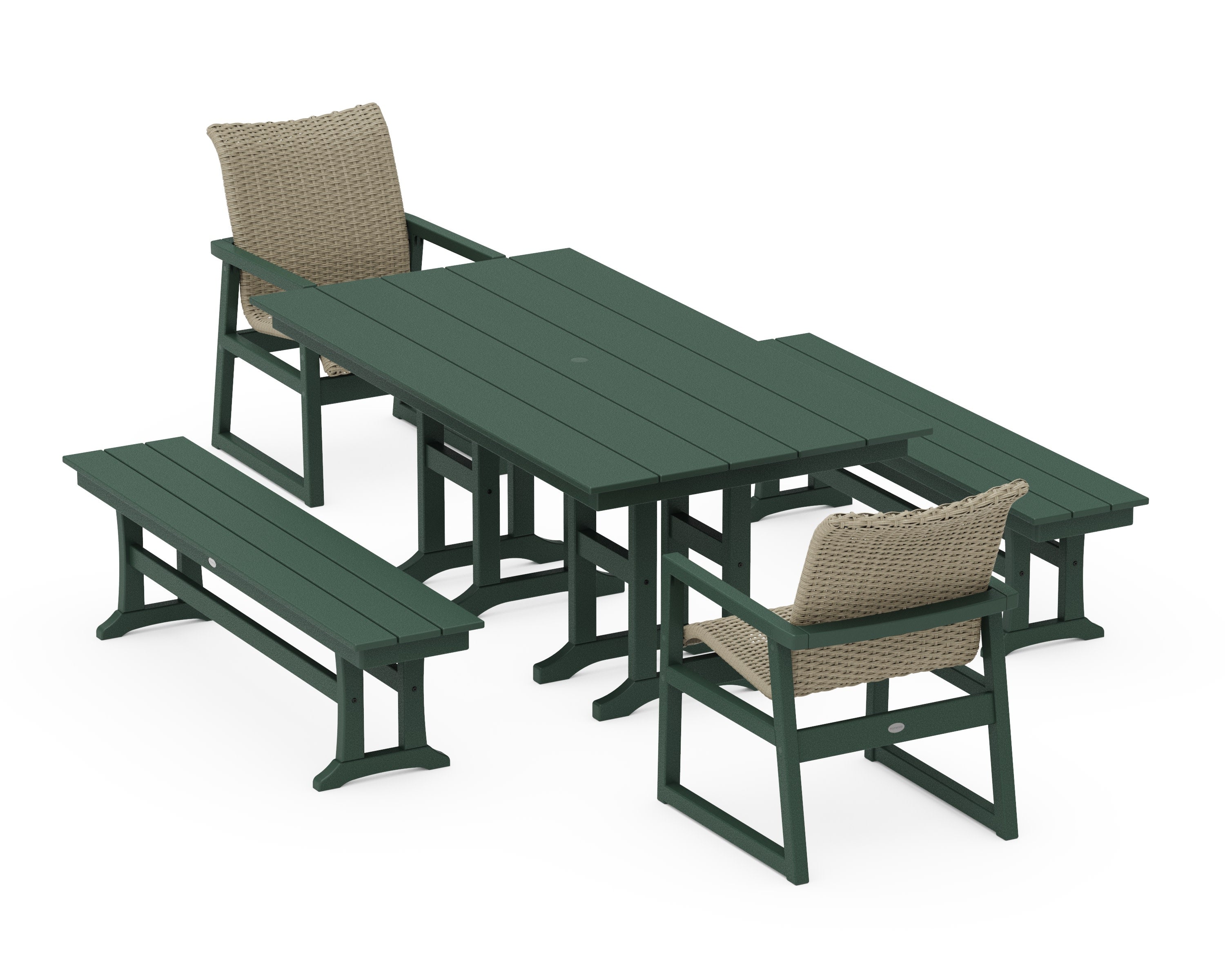 EDGE Woven 5-Piece Farmhouse Dining Set with Benches in Green / Dune Grass