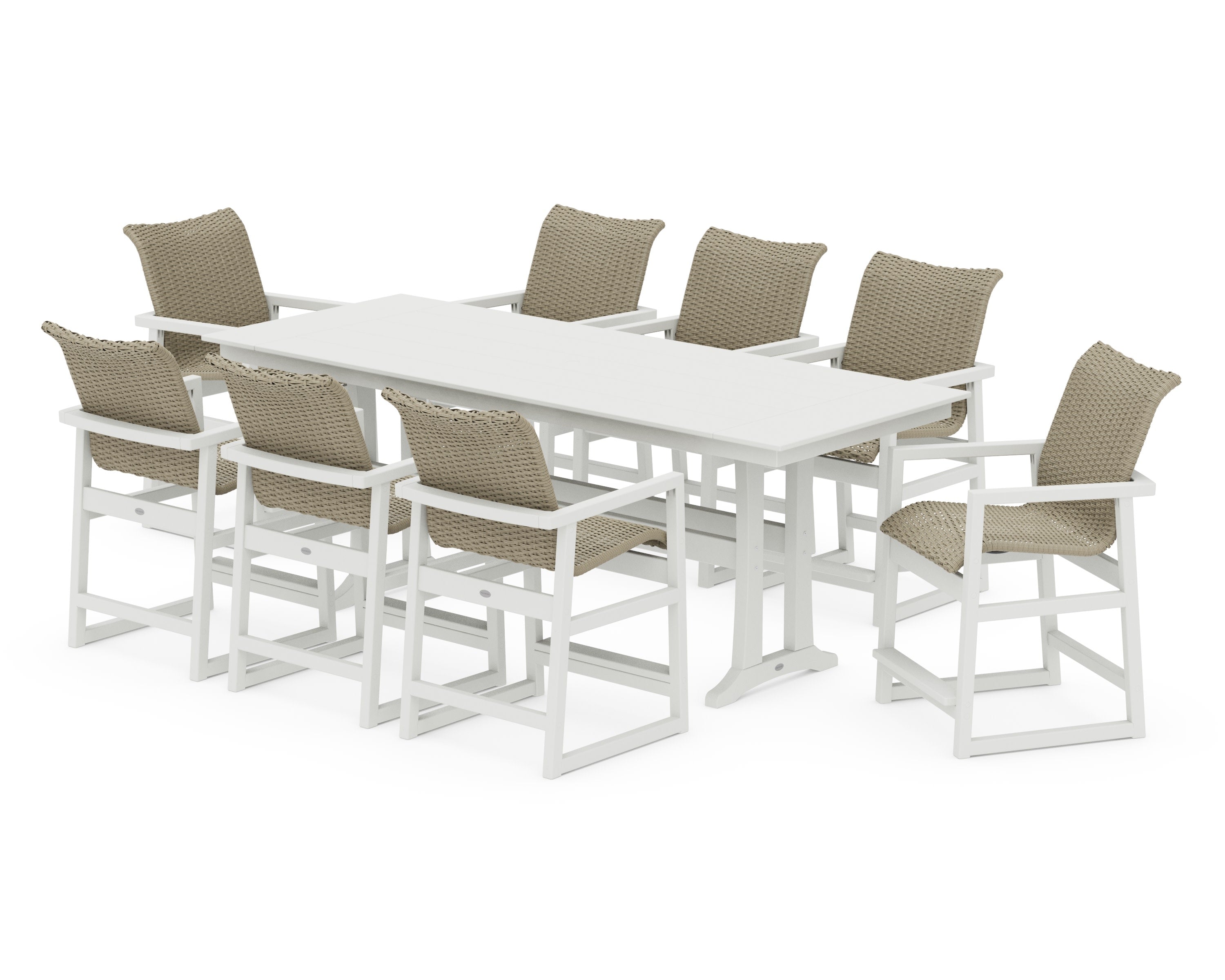 EDGE Woven 9-Piece Farmhouse Counter Set with Trestle Legs in White / Dune Grass