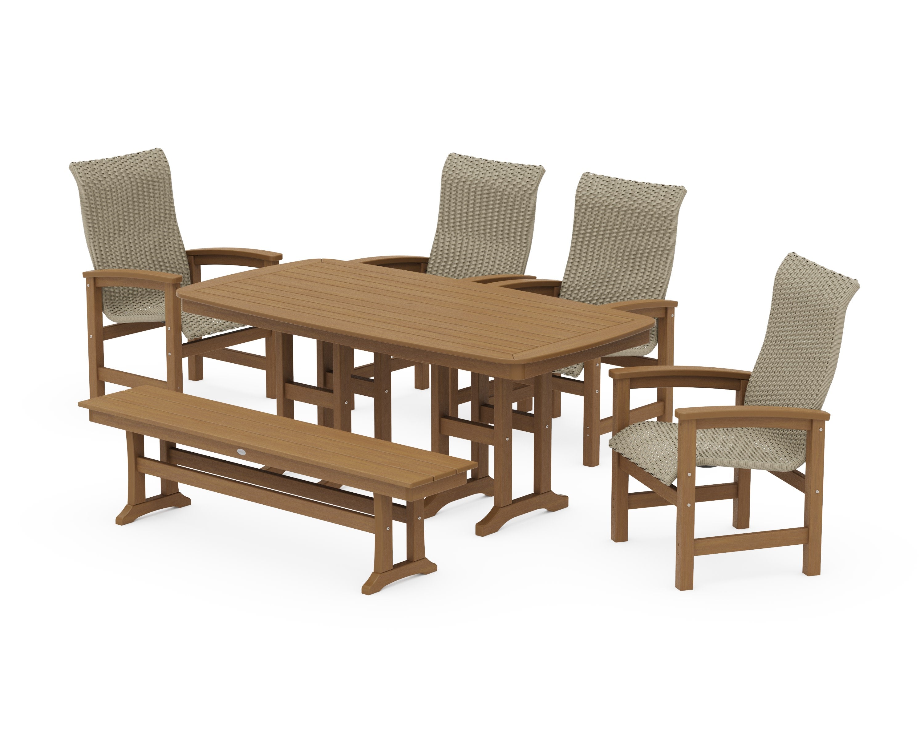 Coastal Woven High-Back 6-Piece Farmhouse Dining Set with Bench in Natural / Dune Grass