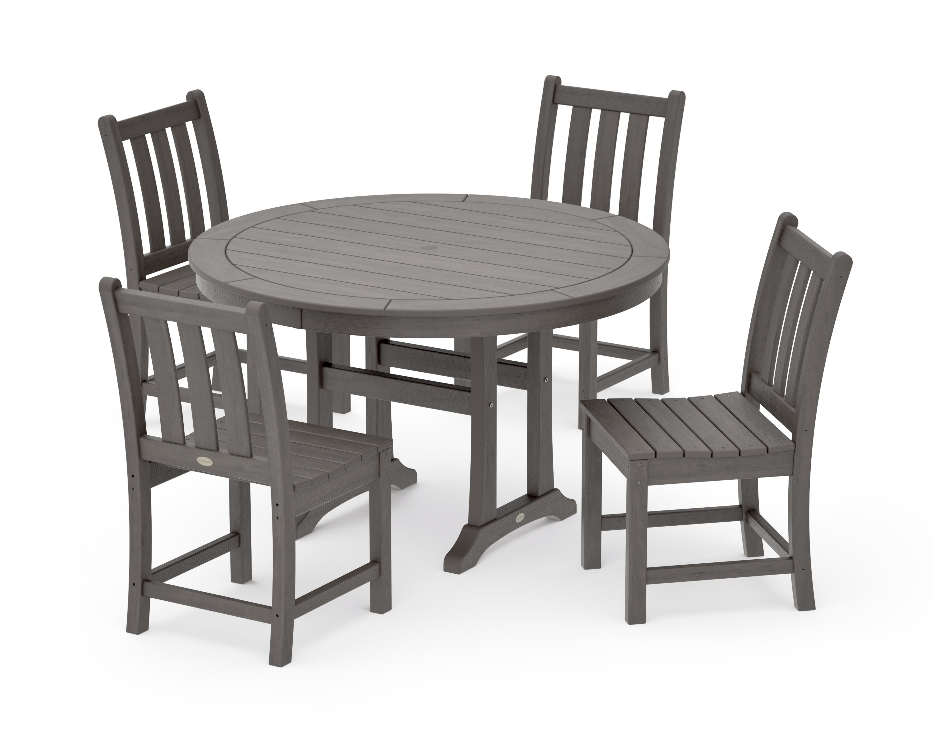 Traditional Garden Side Chair 5-Piece Round Dining Set With Trestle Legs in Driftwood
