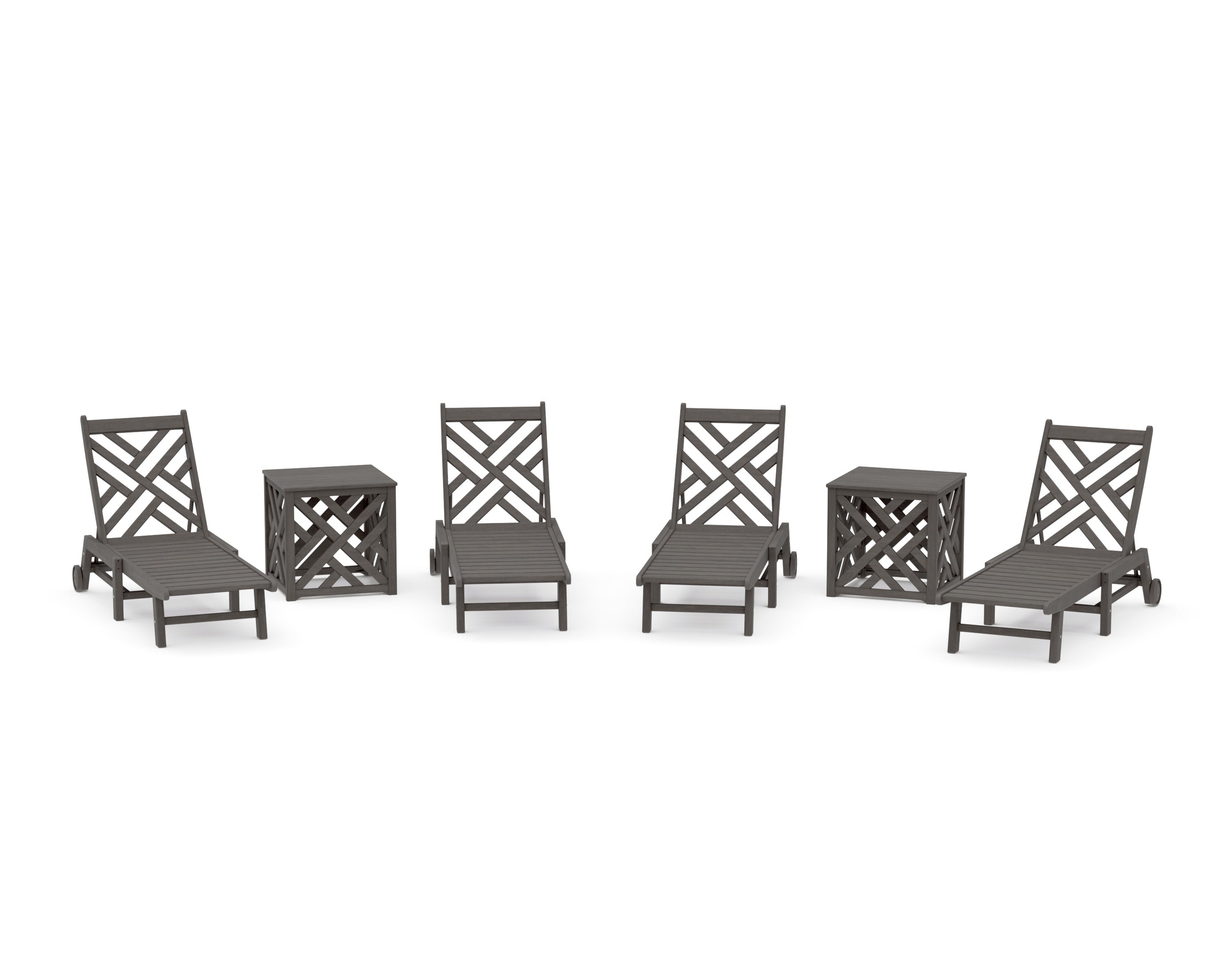 Chippendale 6-Piece Chaise Set with Wheels and Umbrella Stand Accent Table in Driftwood