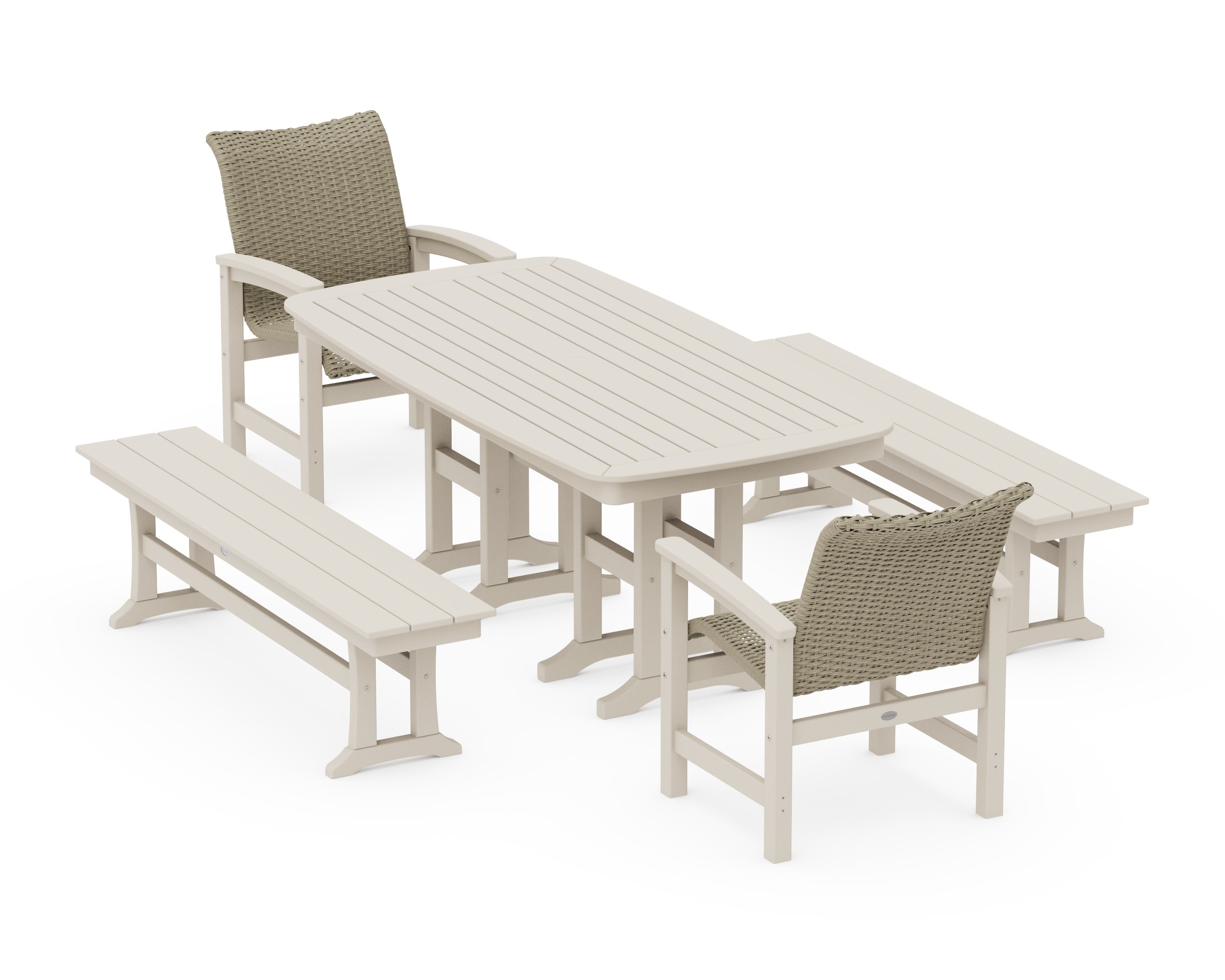 Coastal Woven 5-Piece Dining Set with Benches in Sand / Dune Grass
