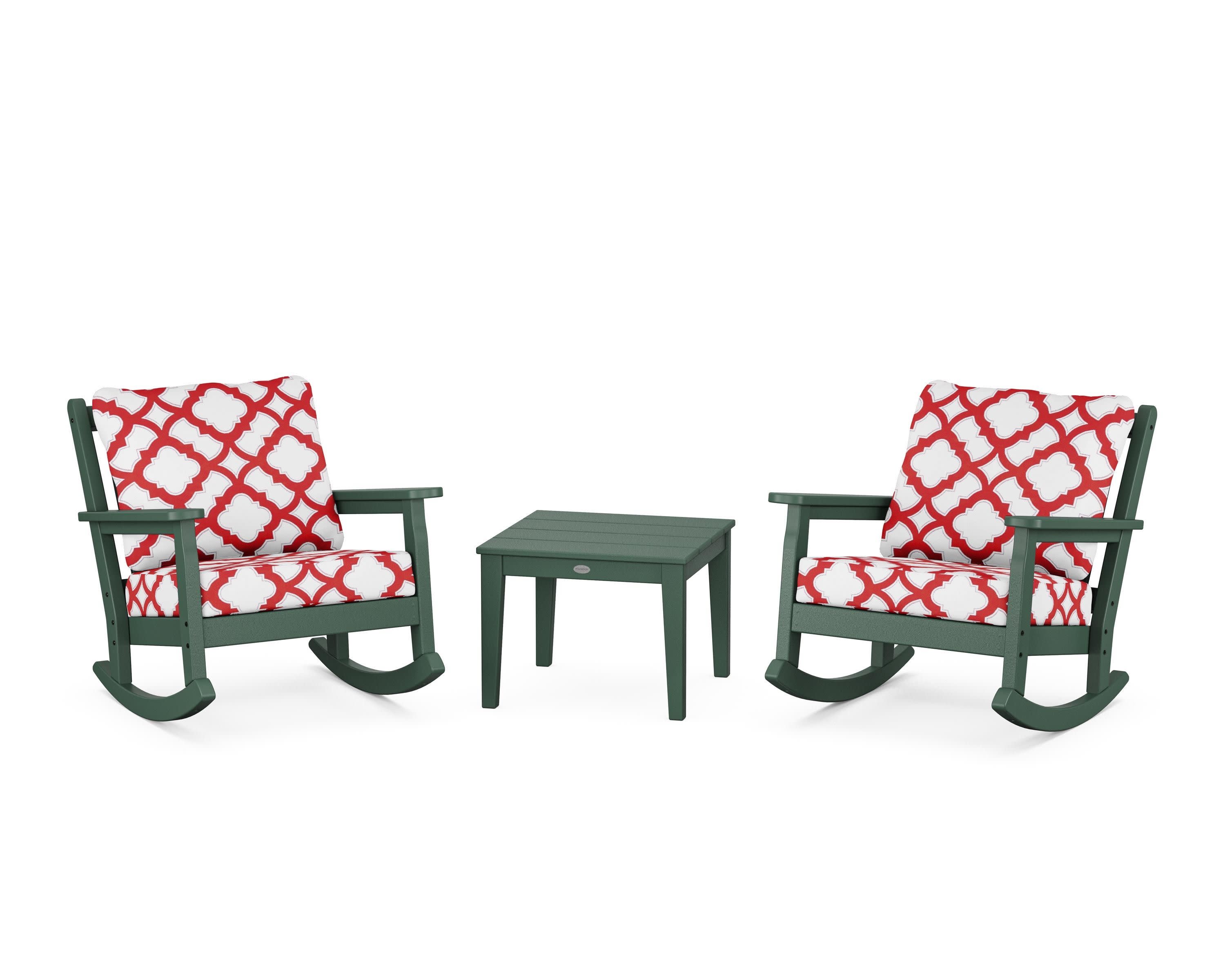 Chippendale 3-Piece Deep Seating Rocker Set in Green / Trellis Crimson