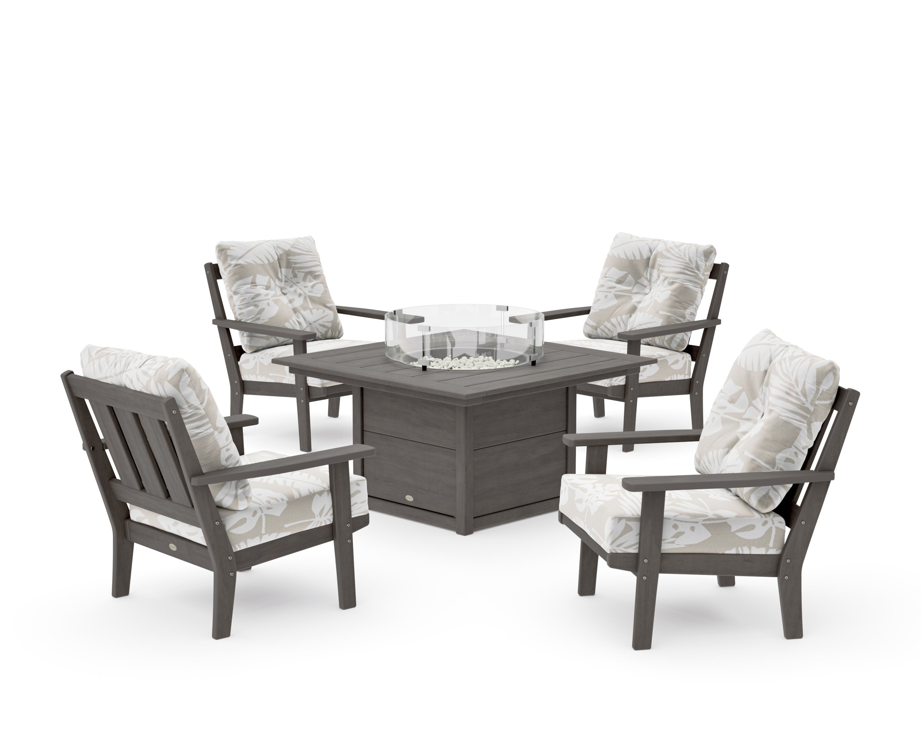 Oxford 5-Piece Deep Seating Set with Fire Pit Table in Driftwood / Leaf Dune Burlap