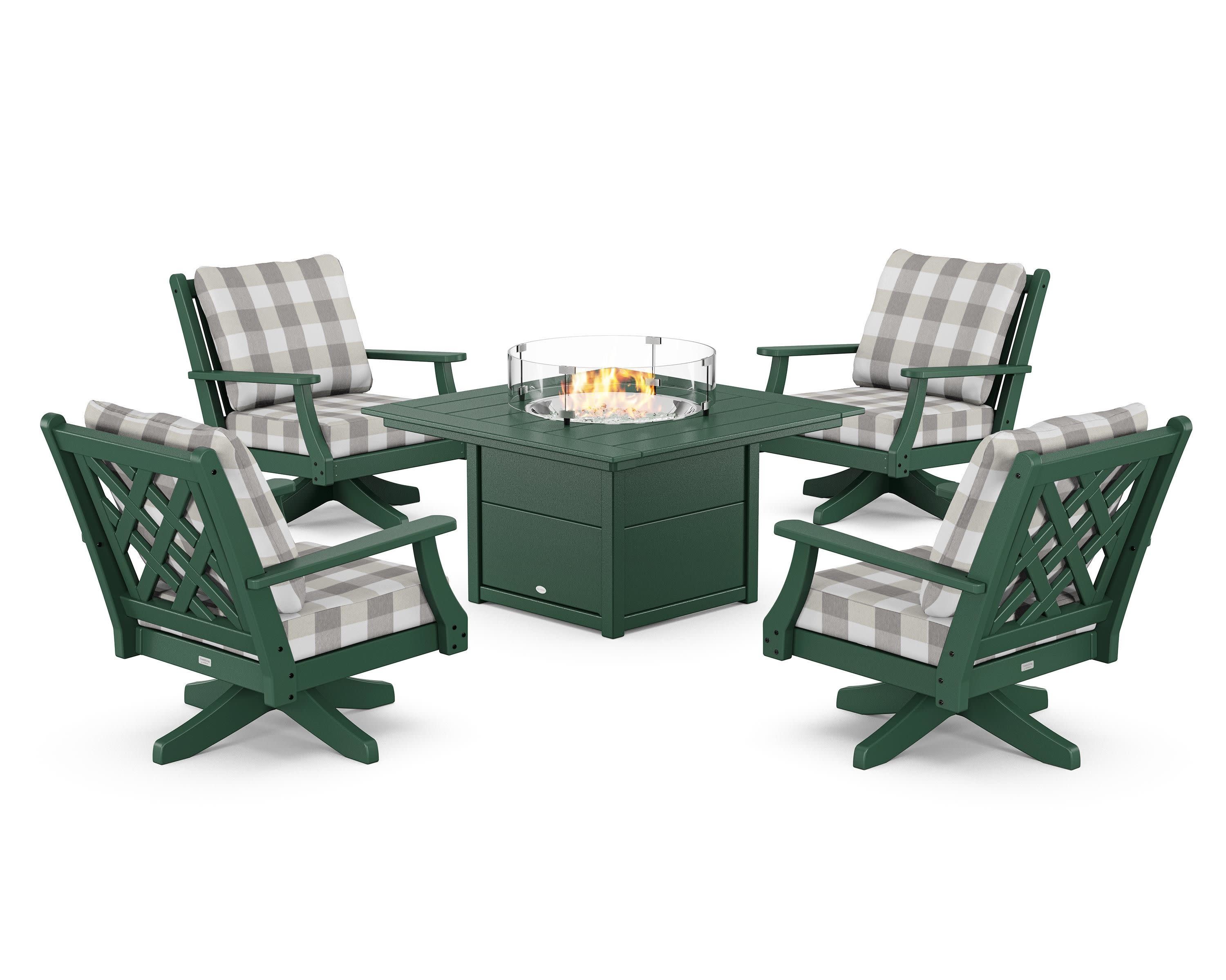 Wovendale 5-Piece Deep Seating Swivel Conversation Set with Fire Pit Table in Green / Buffalo Plaid Grey Mist