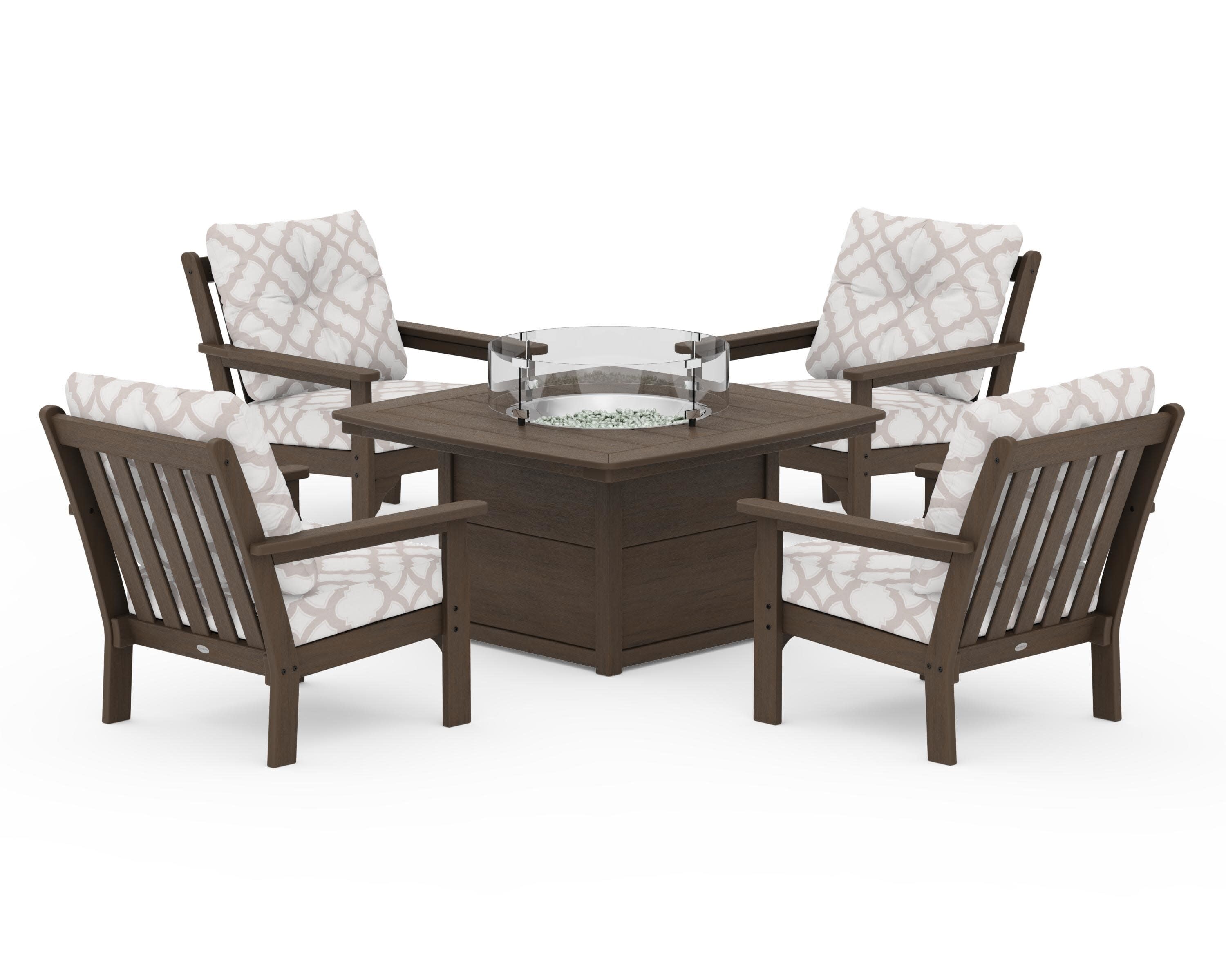 Vineyard 5-Piece Conversation Set with Fire Pit Table in Kona / Trellis Dune Burlap