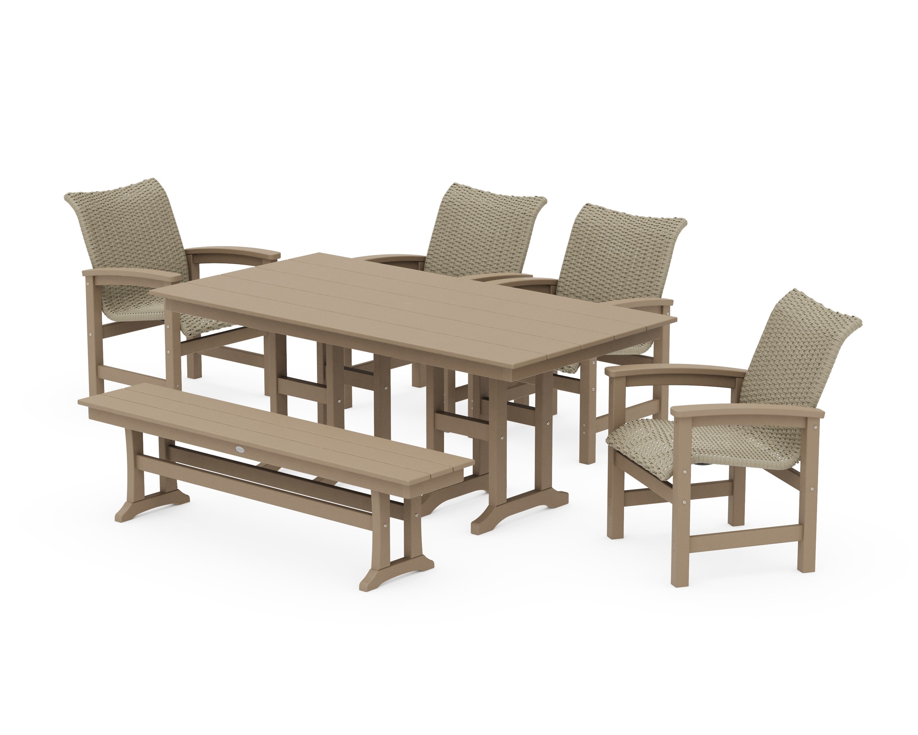 Coastal Woven 6-Piece Farmhouse Dining Set with Bench in Vintage Sahara / Dune Grass