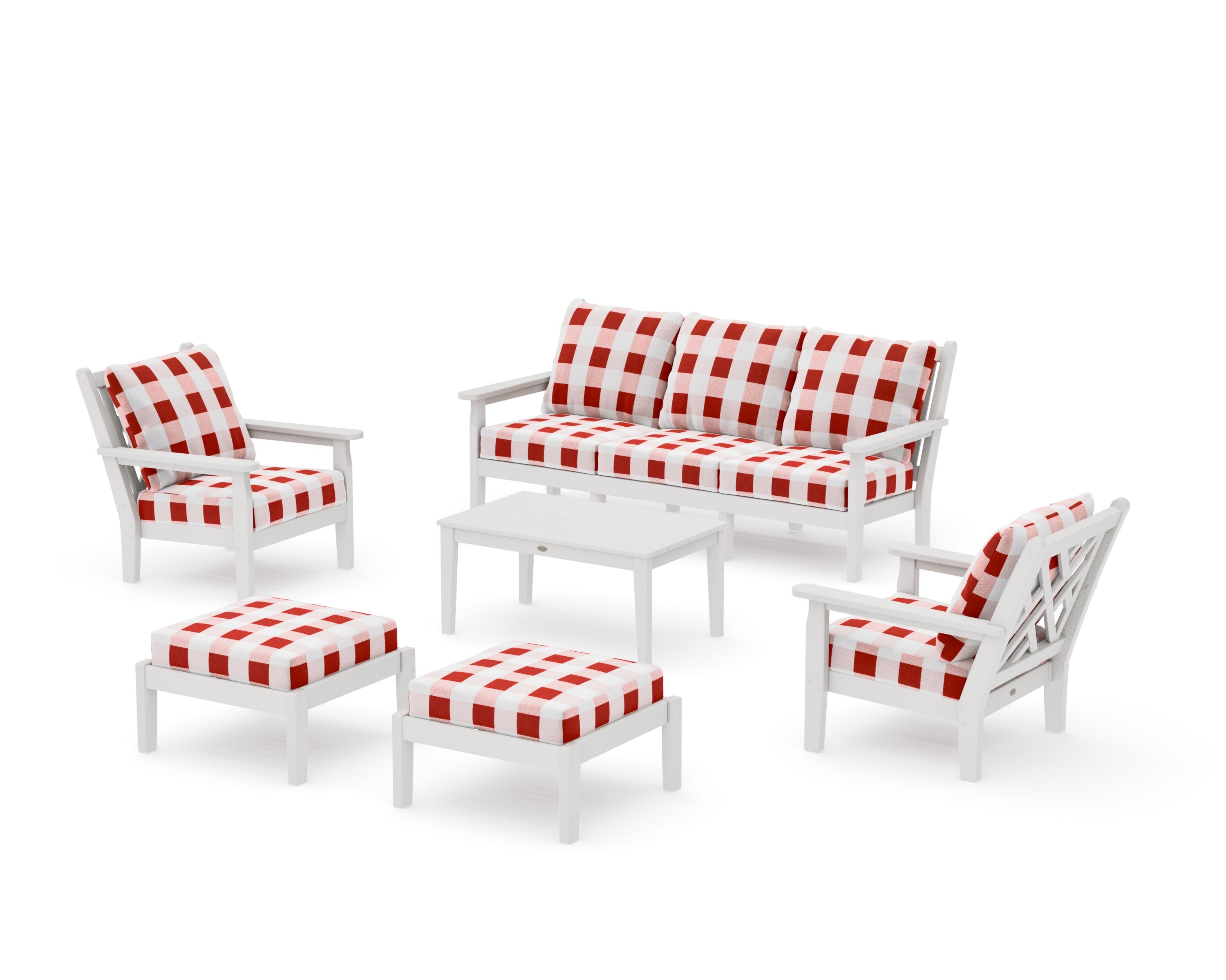 Chippendale 6-Piece Lounge Sofa Set in Vintage White / Buffalo Plaid Crimson