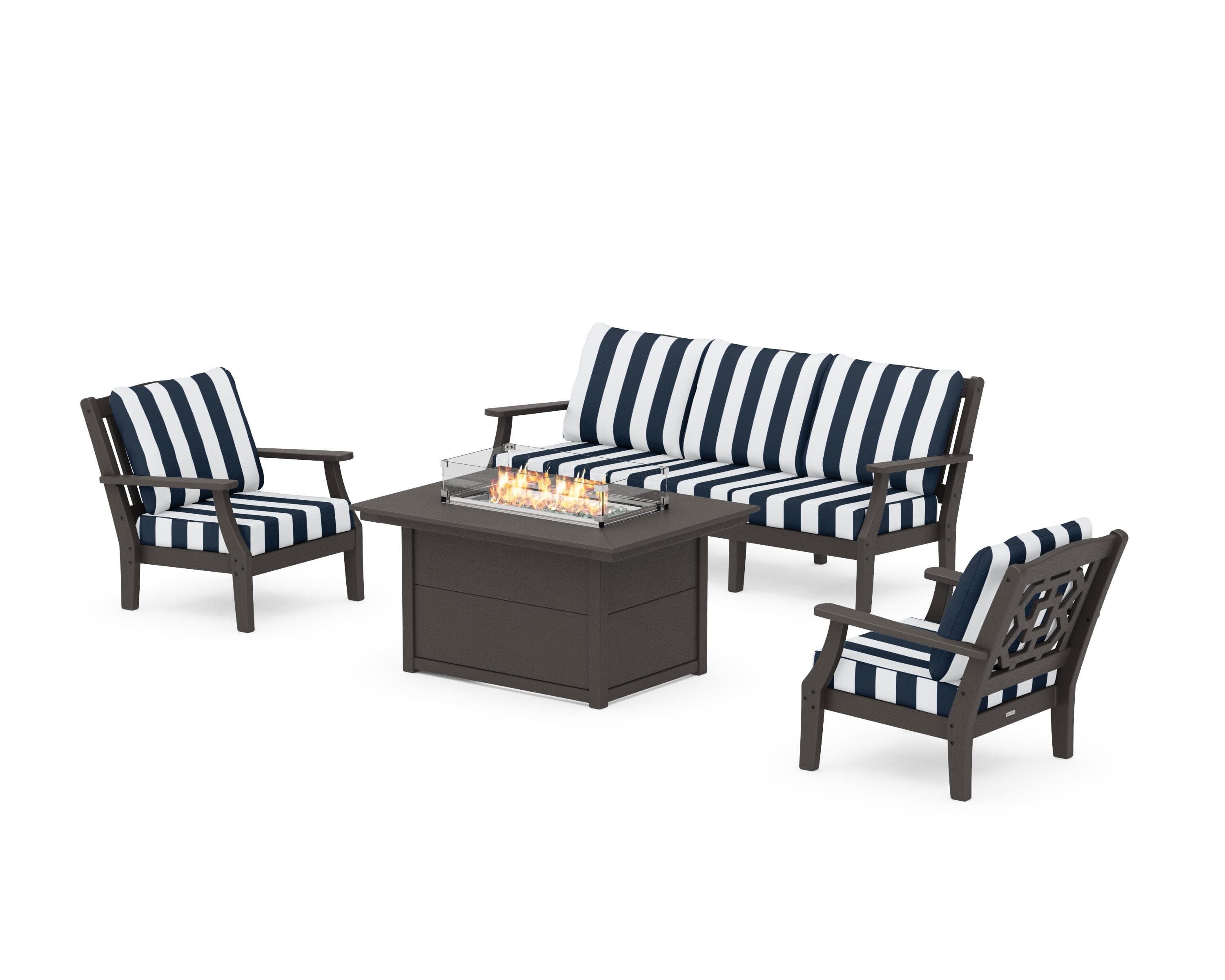 Chinoiserie Deep Seating Fire Pit Table Set in Vintage Coffee / Cabana Stripe Marine Indigo