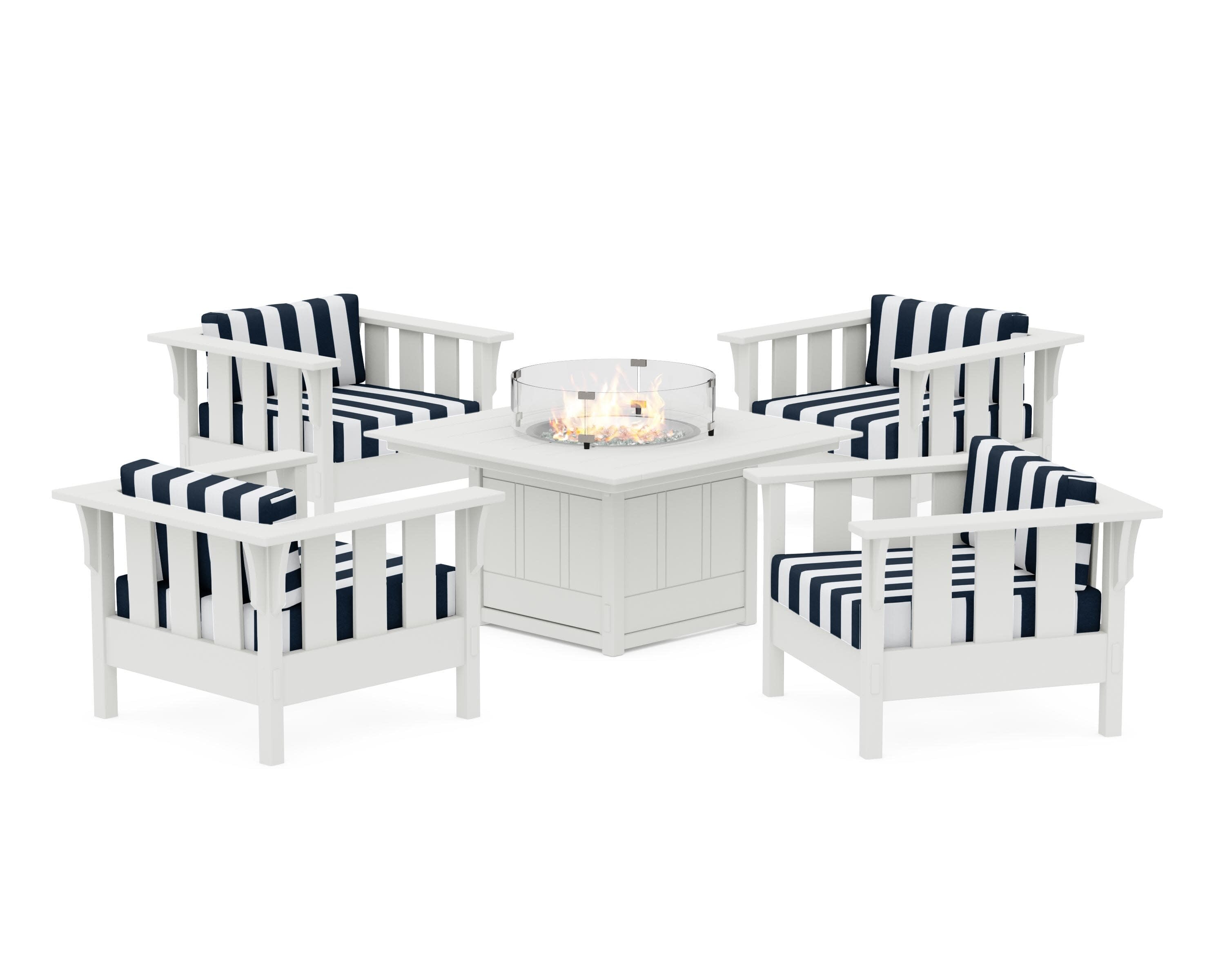Acadia 5-Piece Deep Seating Set with Fire Pit Table in White / Cabana Stripe Marine Indigo