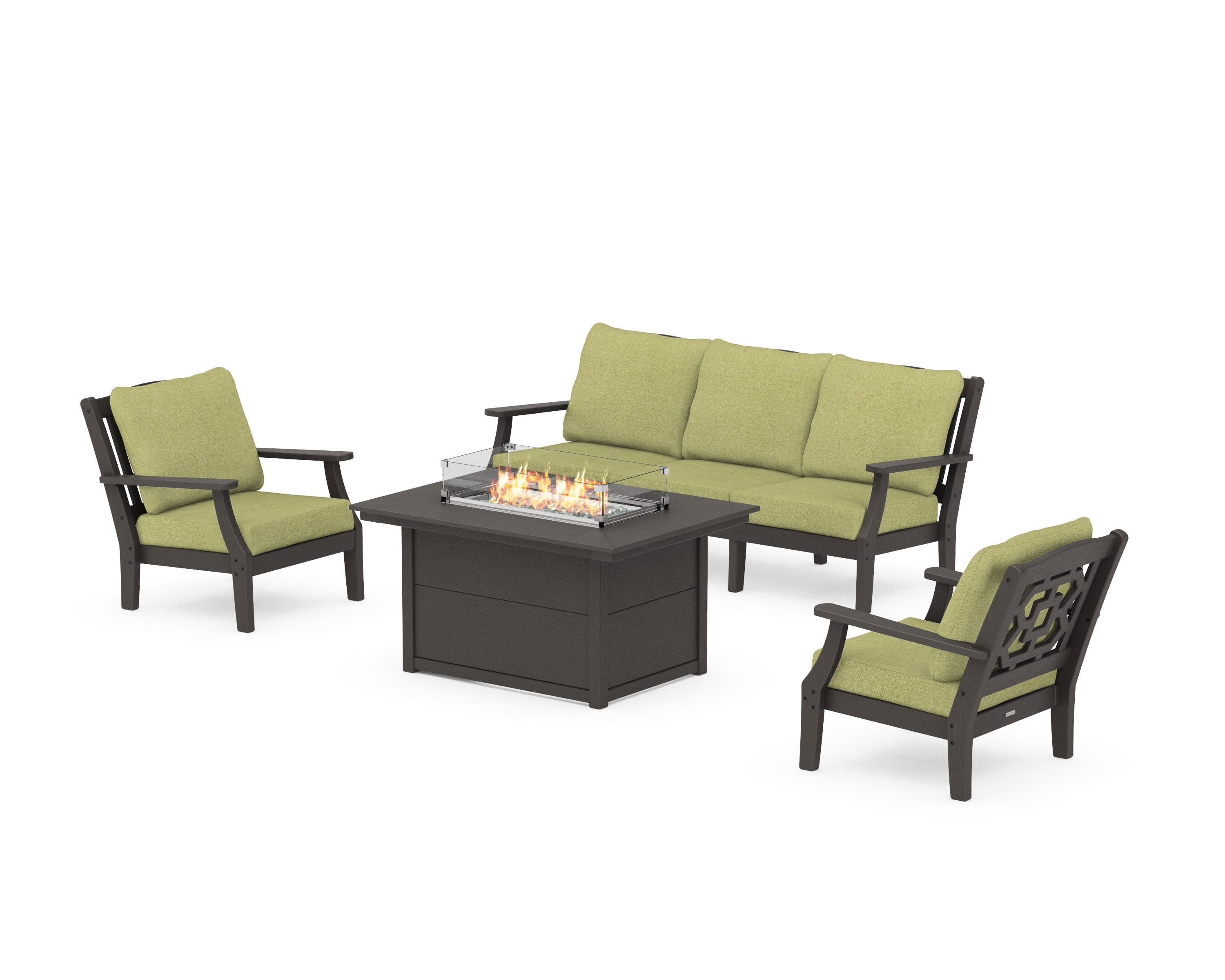 Chinoiserie Deep Seating Fire Pit Table Set in Vintage Coffee / Chartreuse Boucle