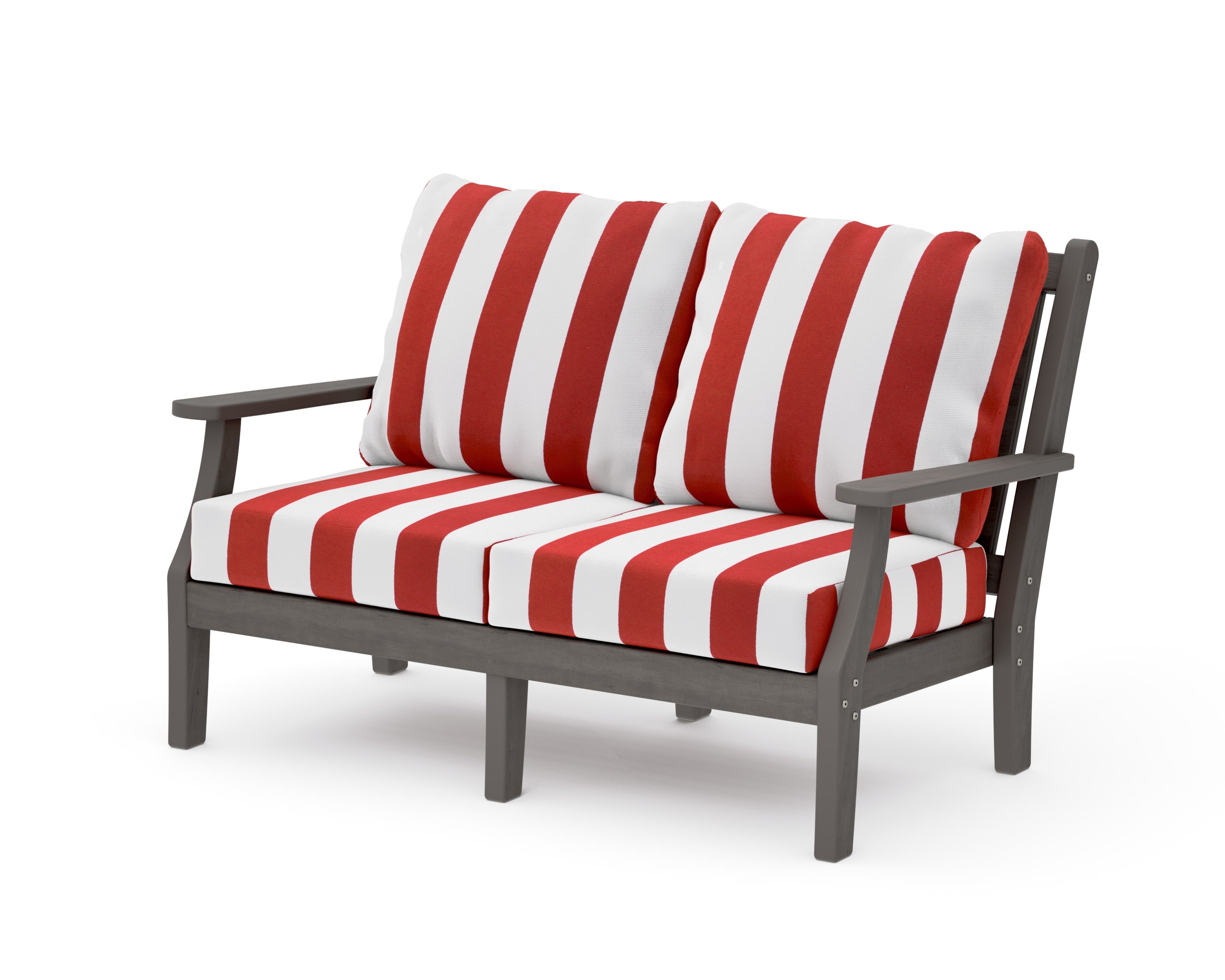 Wovendale Deep Seating Loveseat in Driftwood / Cabana Stripe Crimson