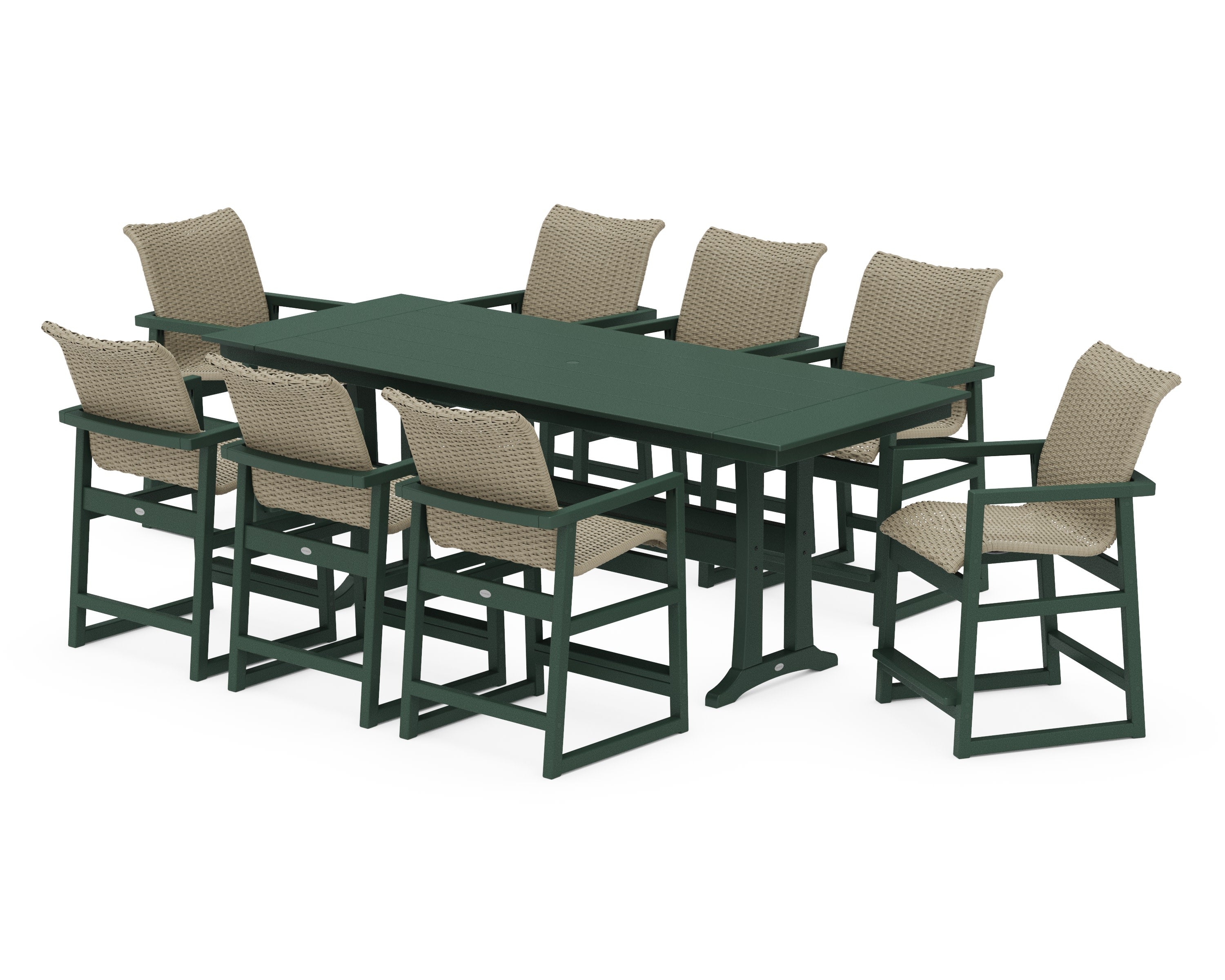 EDGE Woven 9-Piece Farmhouse Counter Set with Trestle Legs in Green / Dune Grass
