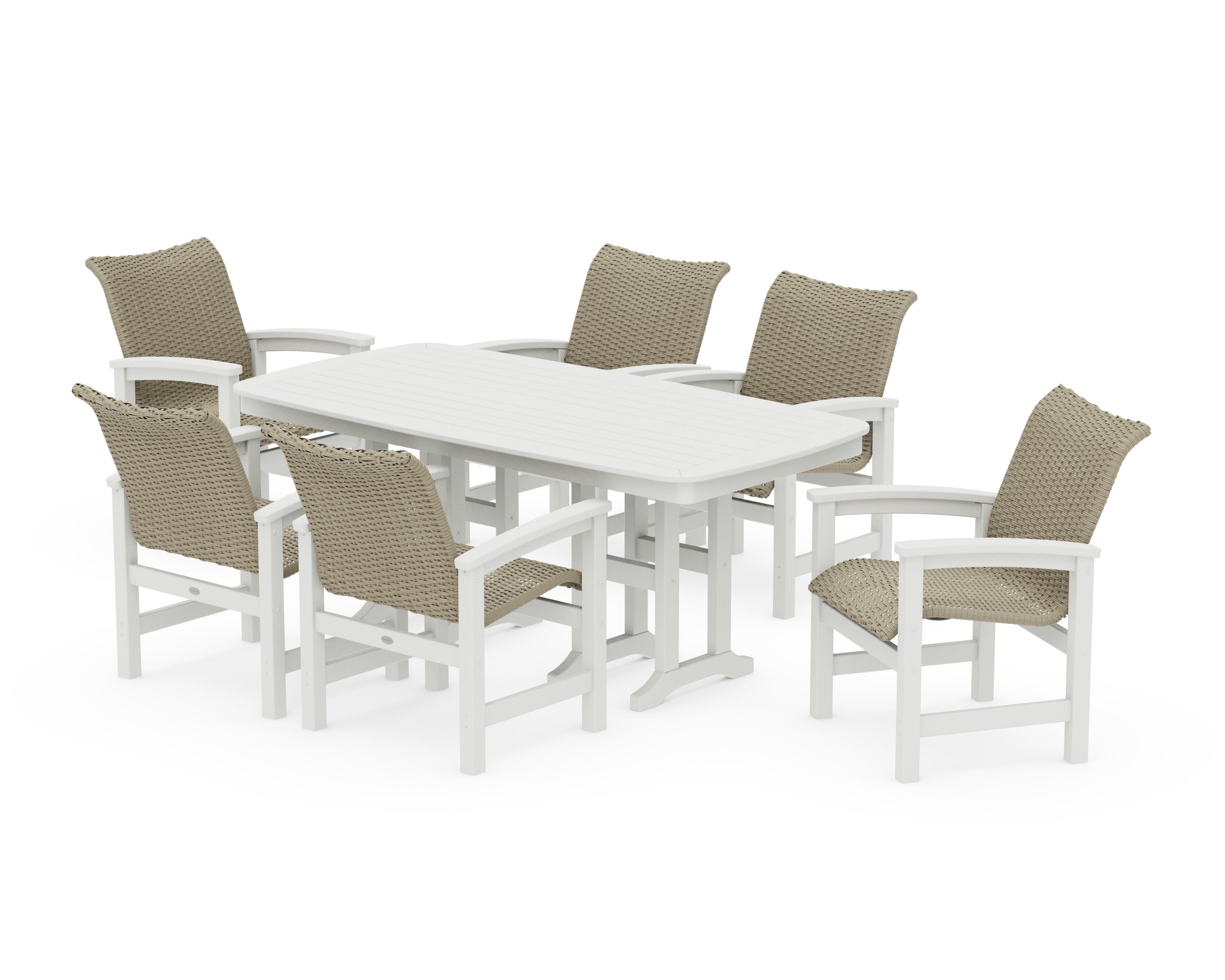 Coastal Woven Arm Chair 7-Piece Dining Set in White / Dune Grass
