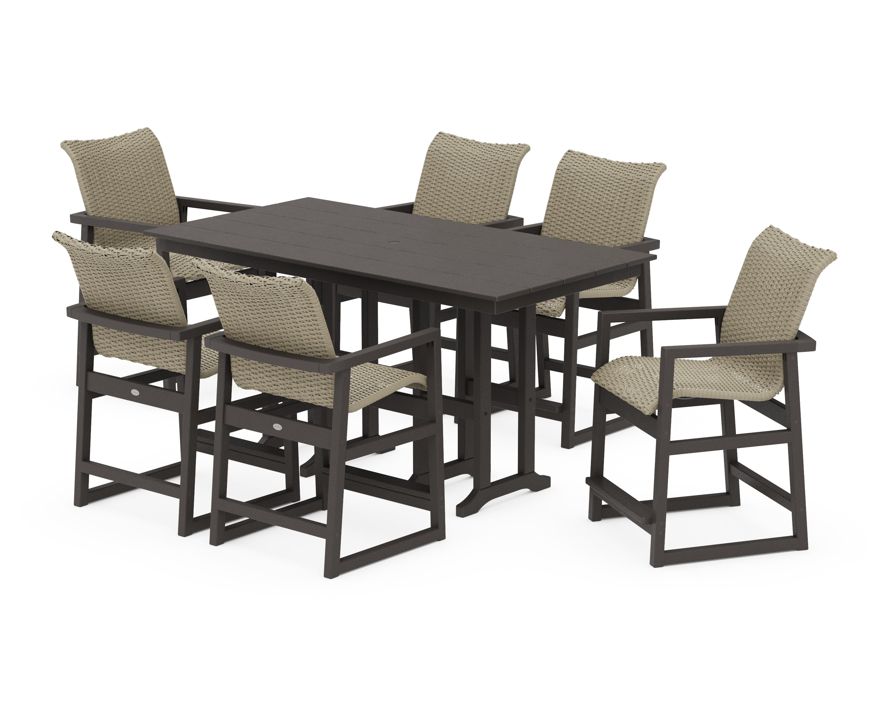 EDGE Woven Arm Chair 7-Piece Farmhouse Counter Set in Vintage Coffee / Dune Grass