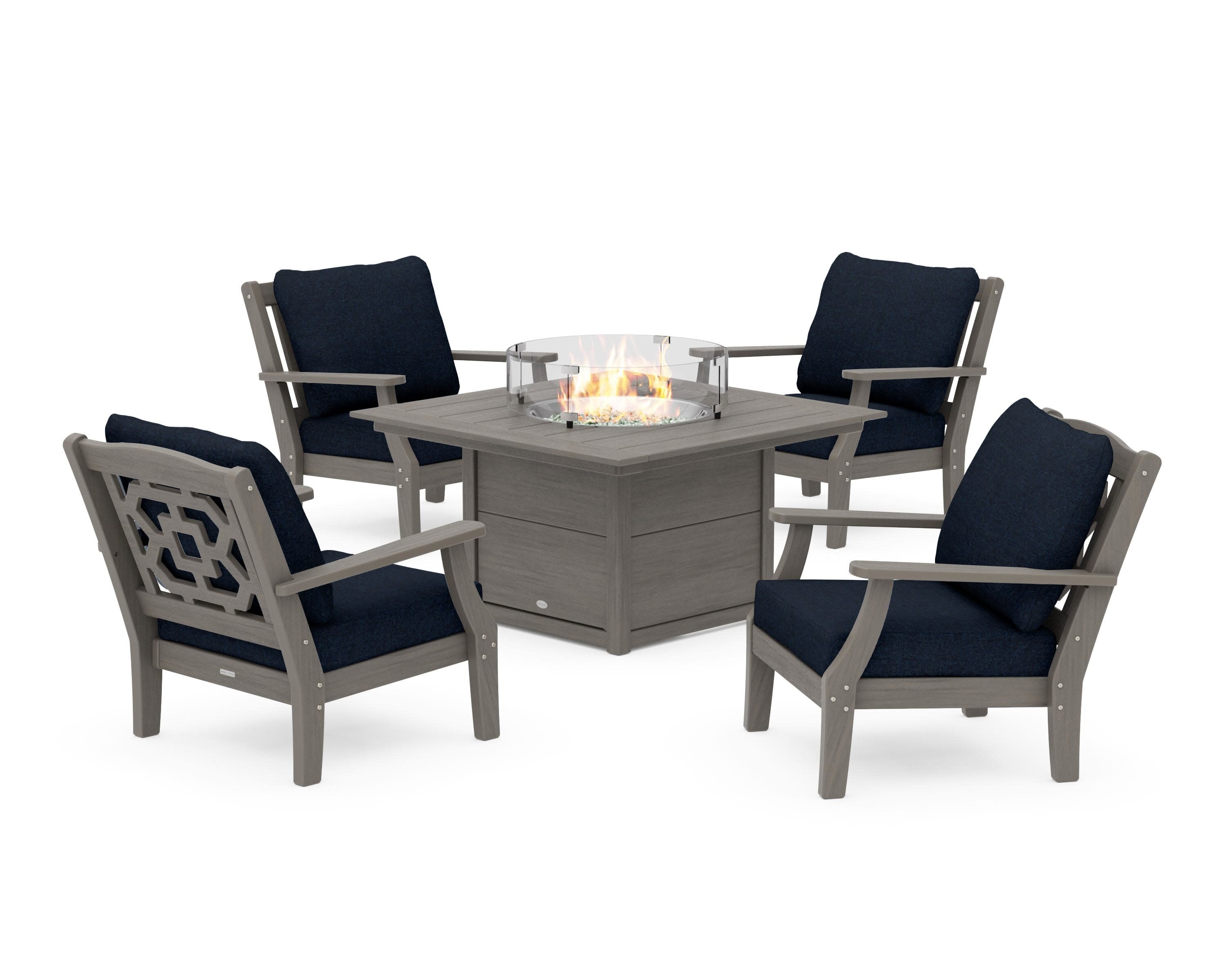 Chinoiserie 5-Piece Deep Seating Set with Fire Pit Table in Driftwood / Marine Indigo