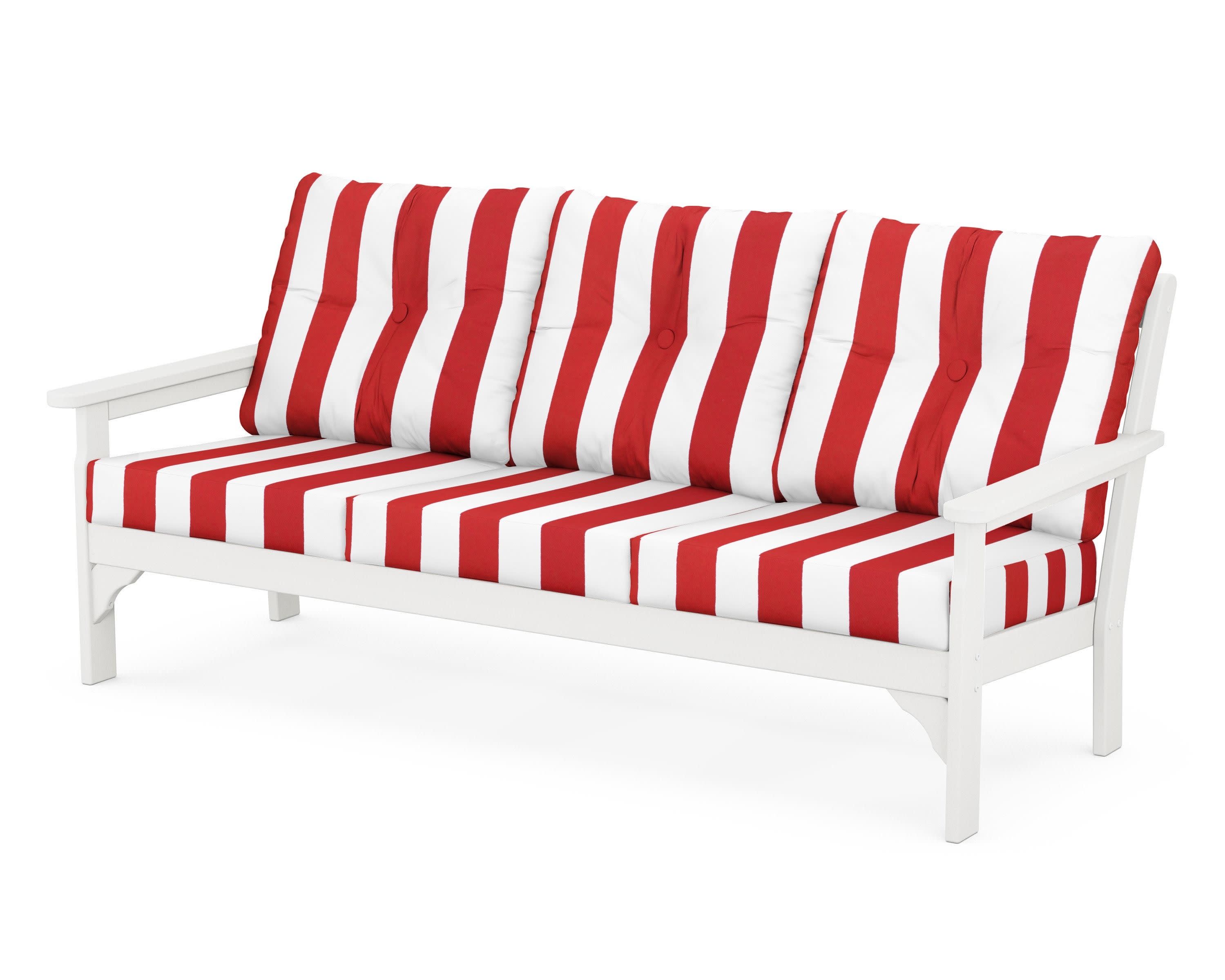 Vineyard Deep Seating Sofa in White / Cabana Stripe Crimson