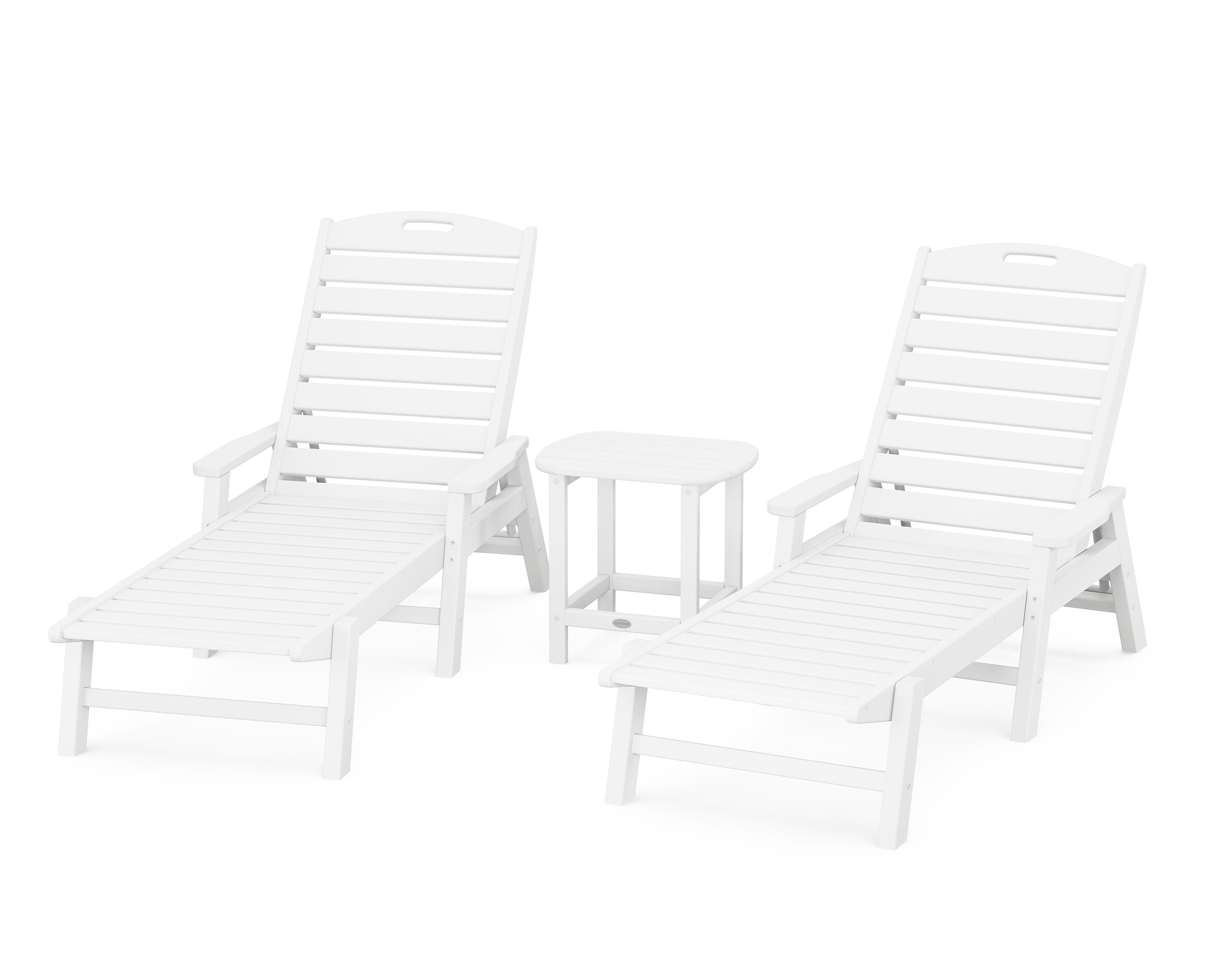 Nautical 3-Piece Chaise Lounge with Arms Set with South Beach 18" Side Table in White