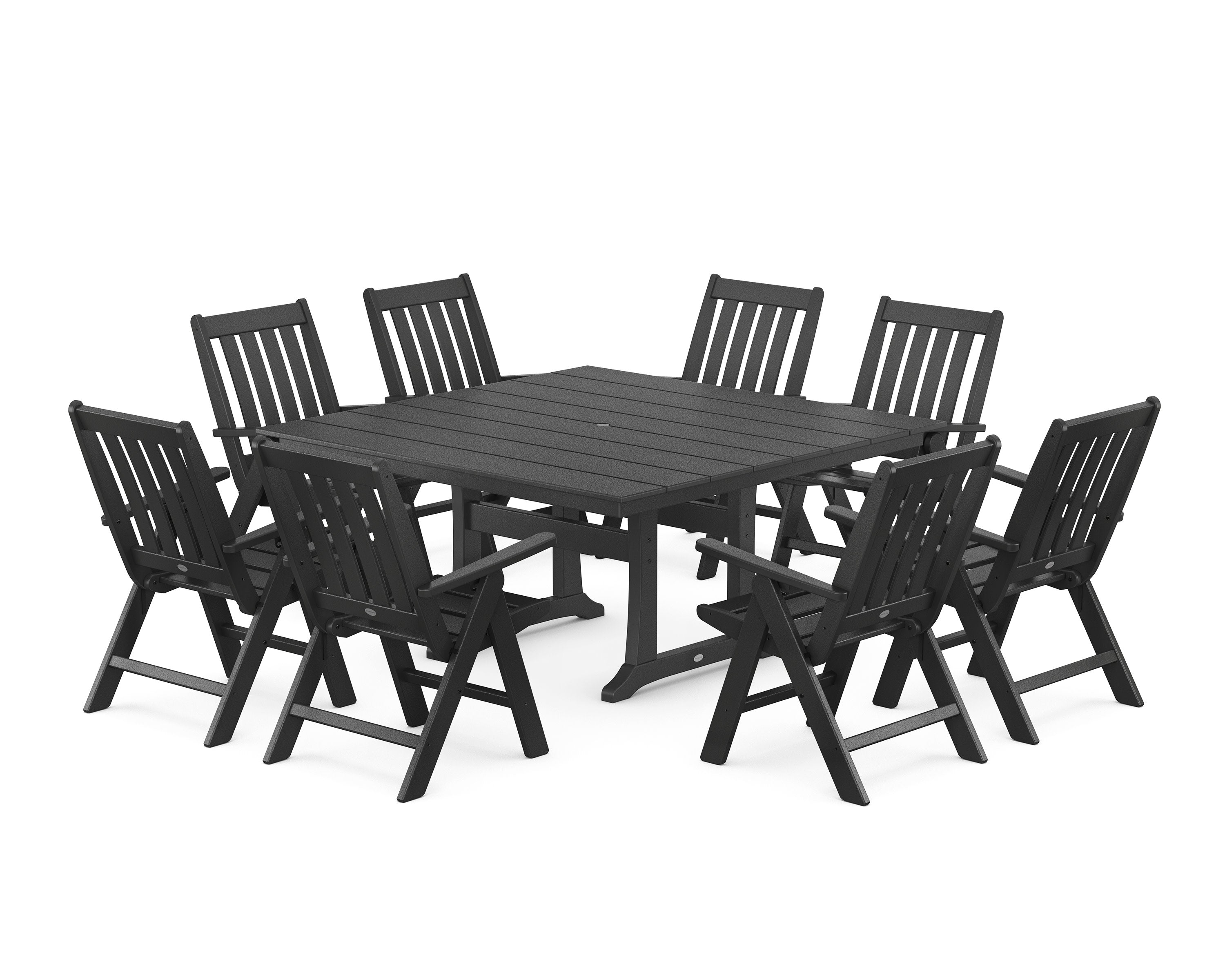 Vineyard Folding Chair 9-Piece Square Farmhouse Dining Set with Trestle Legs in Black