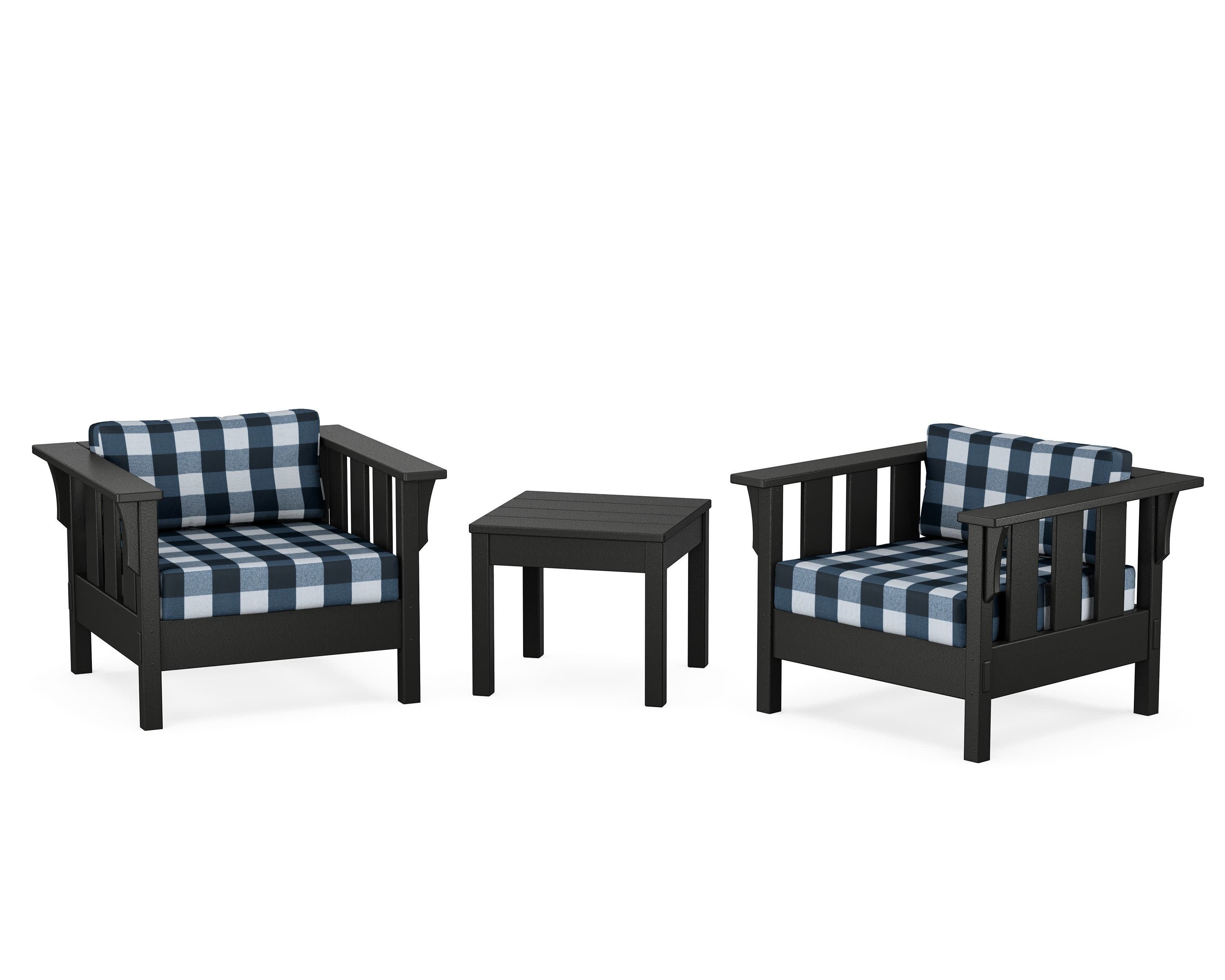 Acadia 3-Piece Deep Seating Set in Black / Buffalo Plaid Marine Indigo