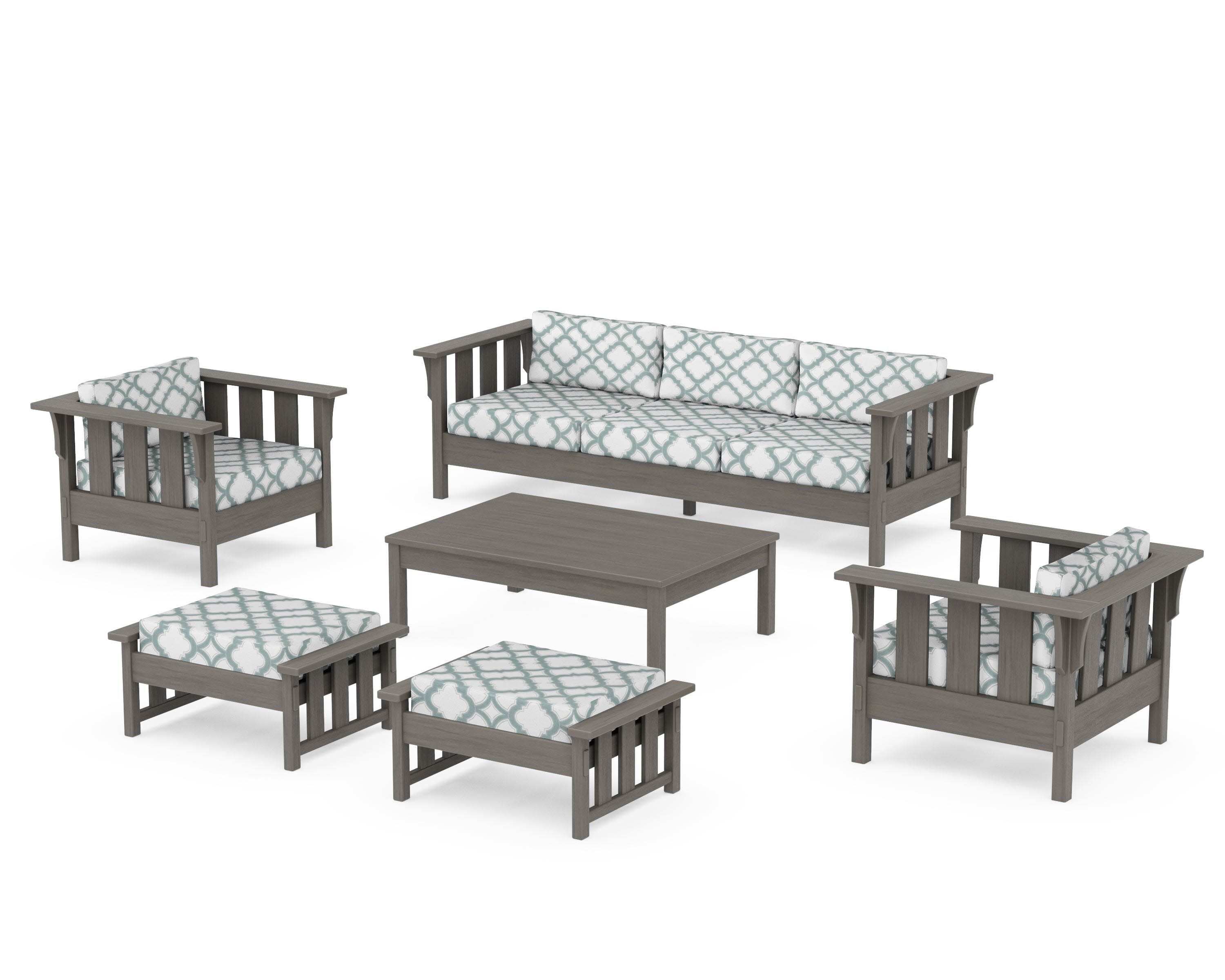 Acadia 6-Piece Lounge Sofa Set in Driftwood / Trellis Glacier Spa