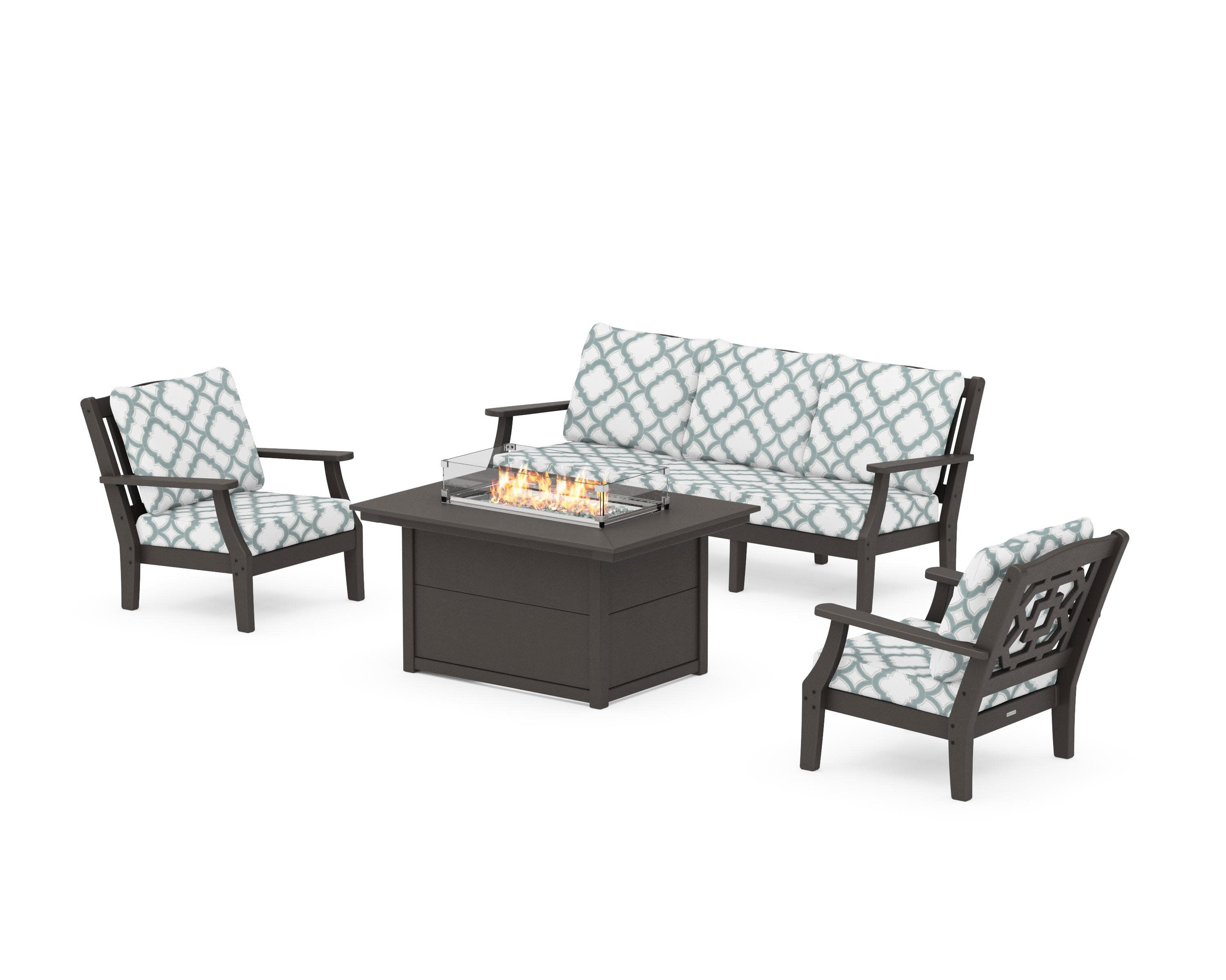 Chinoiserie Deep Seating Fire Pit Table Set in Vintage Coffee / Trellis Glacier Spa