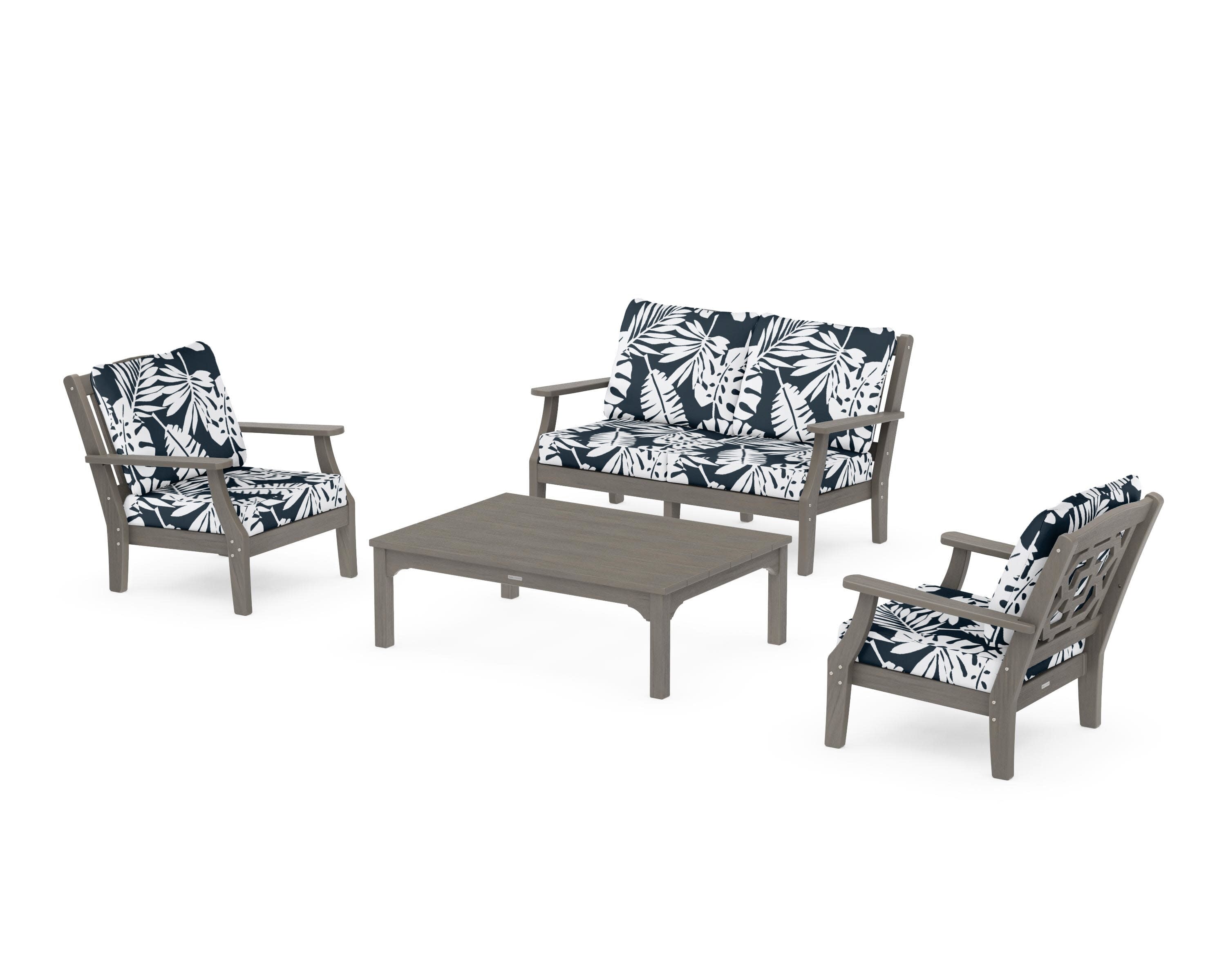 Chinoiserie 4-Piece Deep Seating Set with Loveseat in Driftwood / Leaf Marine Indigo