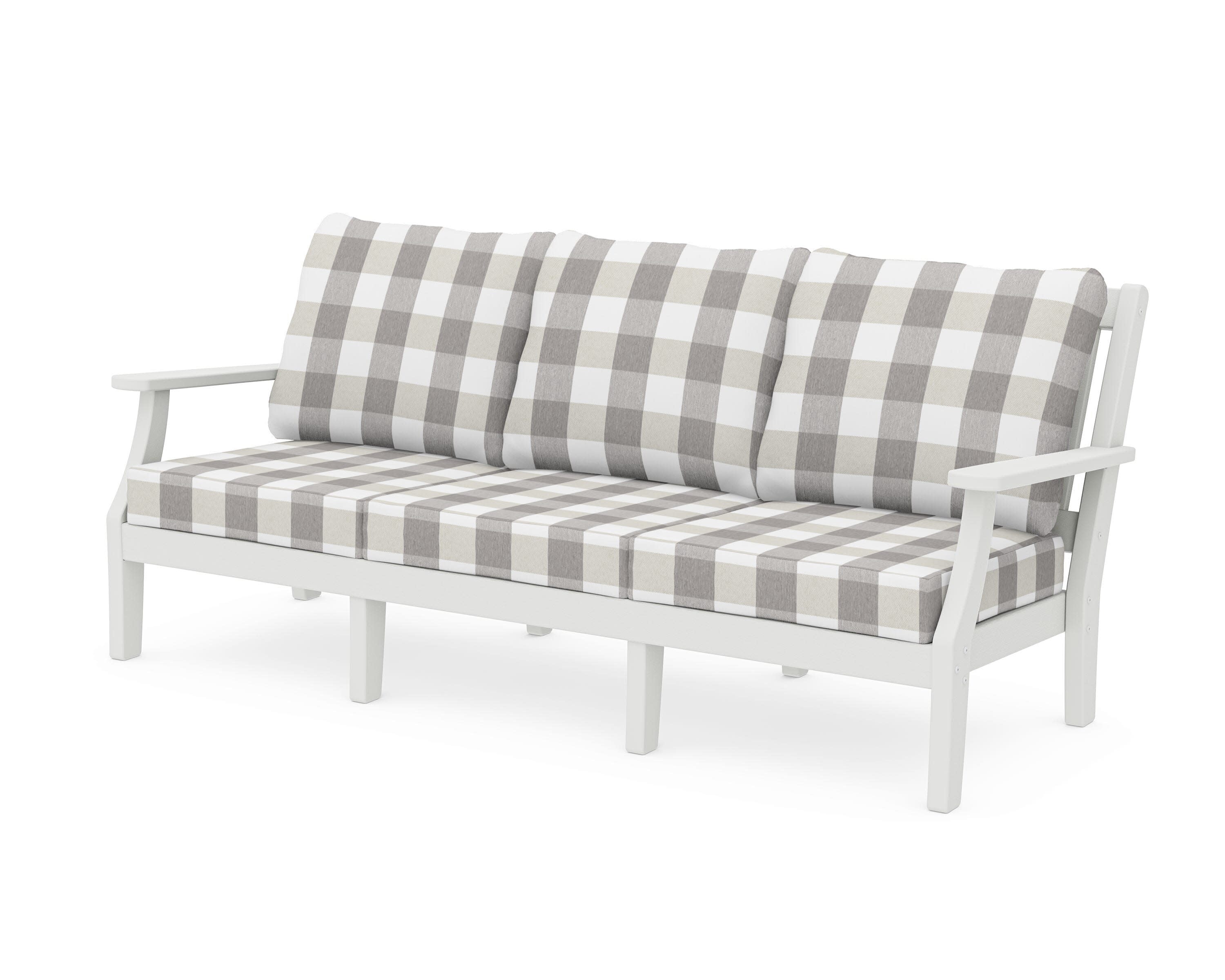 Chinoiserie Deep Seating Sofa in Vintage White / Buffalo Plaid Grey Mist