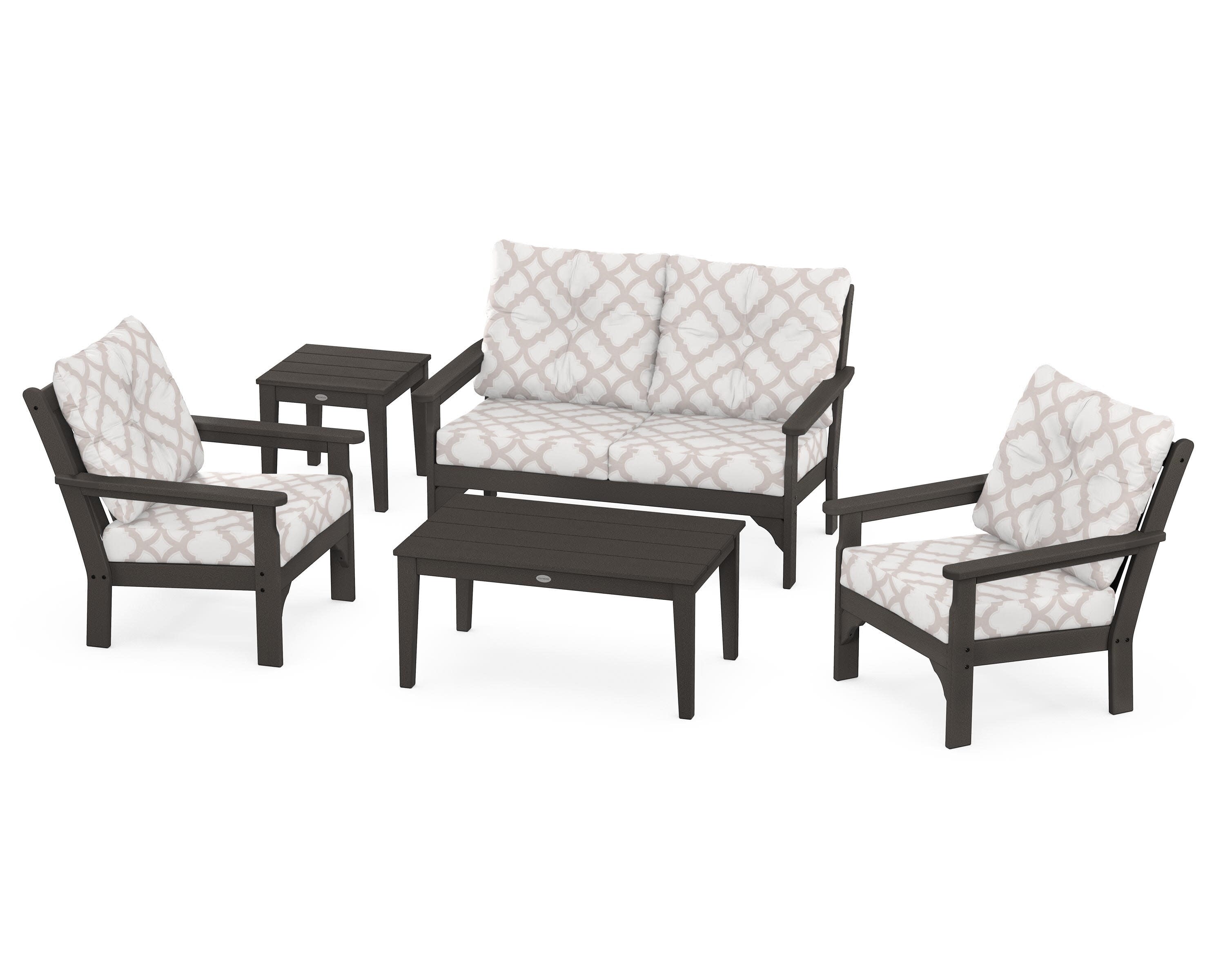 Vineyard 5-Piece Deep Seating Set in Vintage Coffee / Trellis Dune Burlap