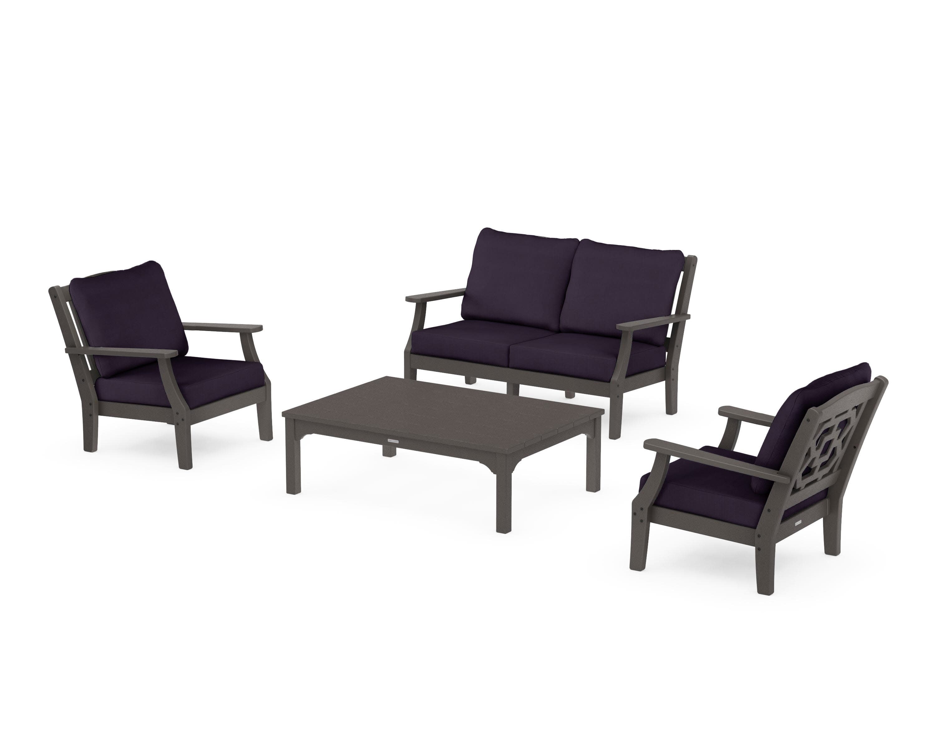 Chinoiserie 4-Piece Deep Seating Set with Loveseat in Vintage Coffee / Navy Linen