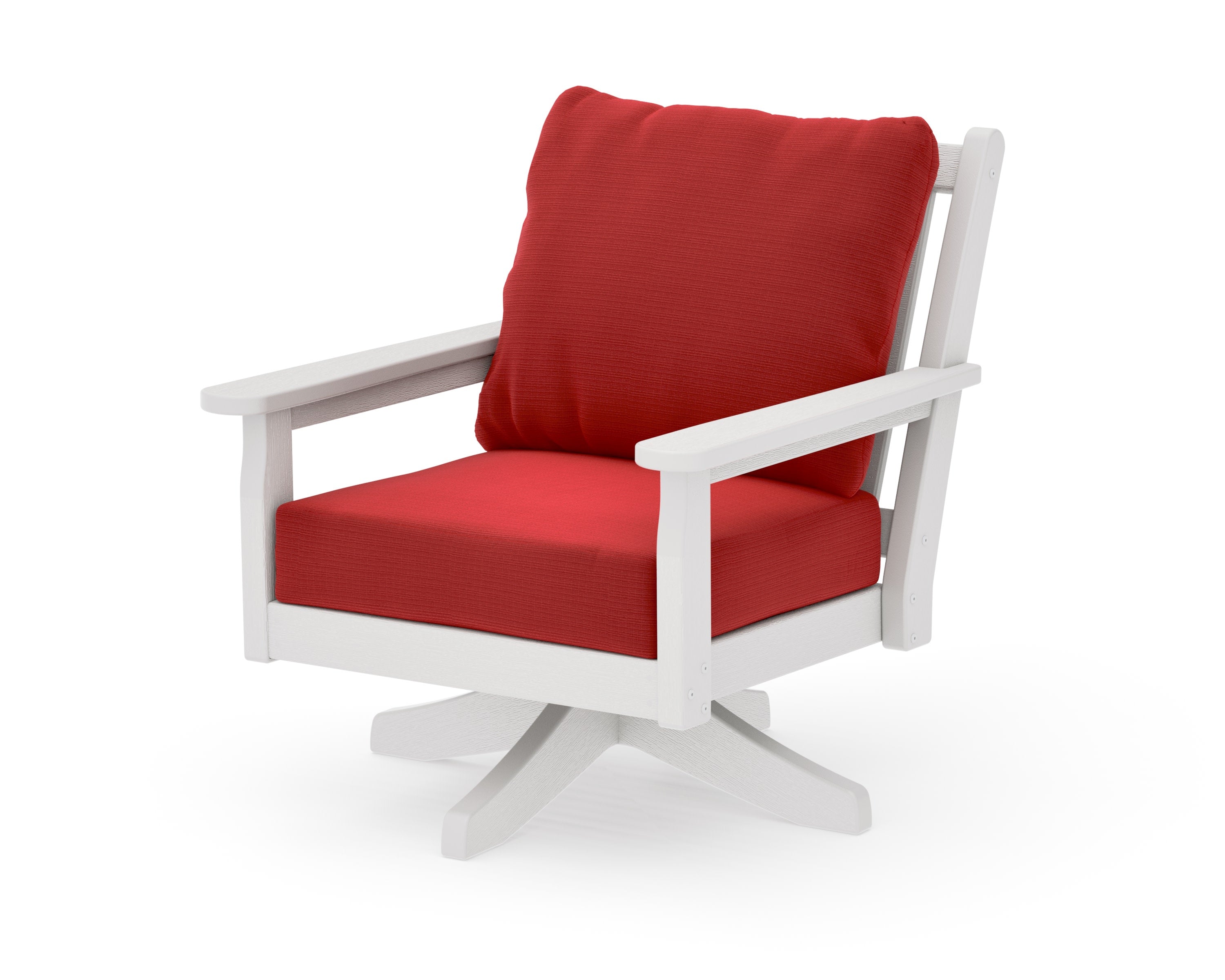Chippendale Deep Seating Swivel Chair in Vintage White / Crimson Linen