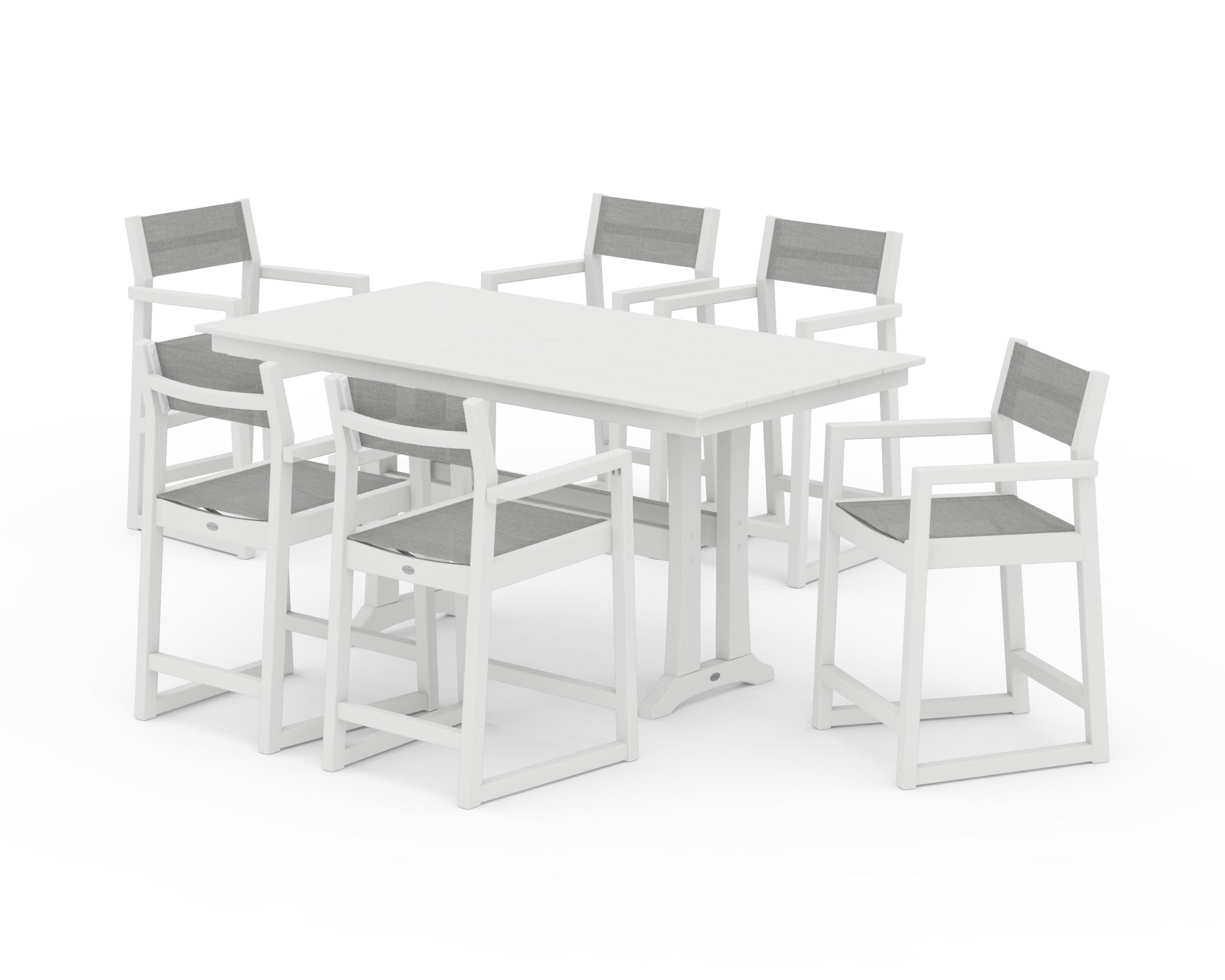 EDGE Sling Arm Chair 7-Piece Farmhouse Counter Set with Trestle Legs in Vintage White / Metallic Sling
