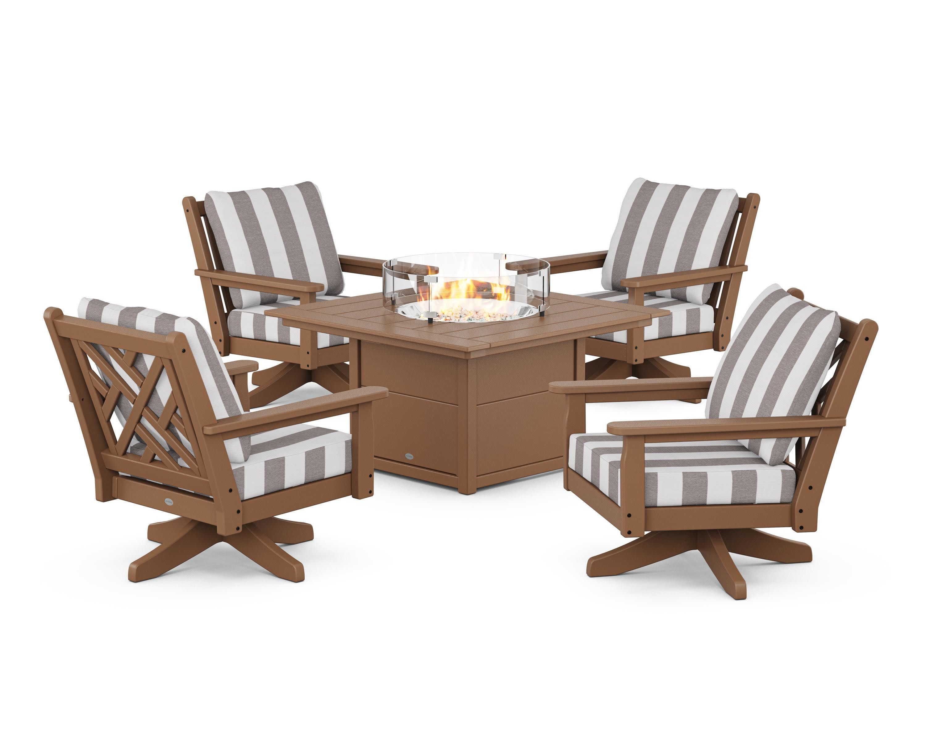 Chippendale 5-Piece Deep Seating Swivel Conversation Set with Fire Pit Table in Teak / Cabana Stripe Grey Mist