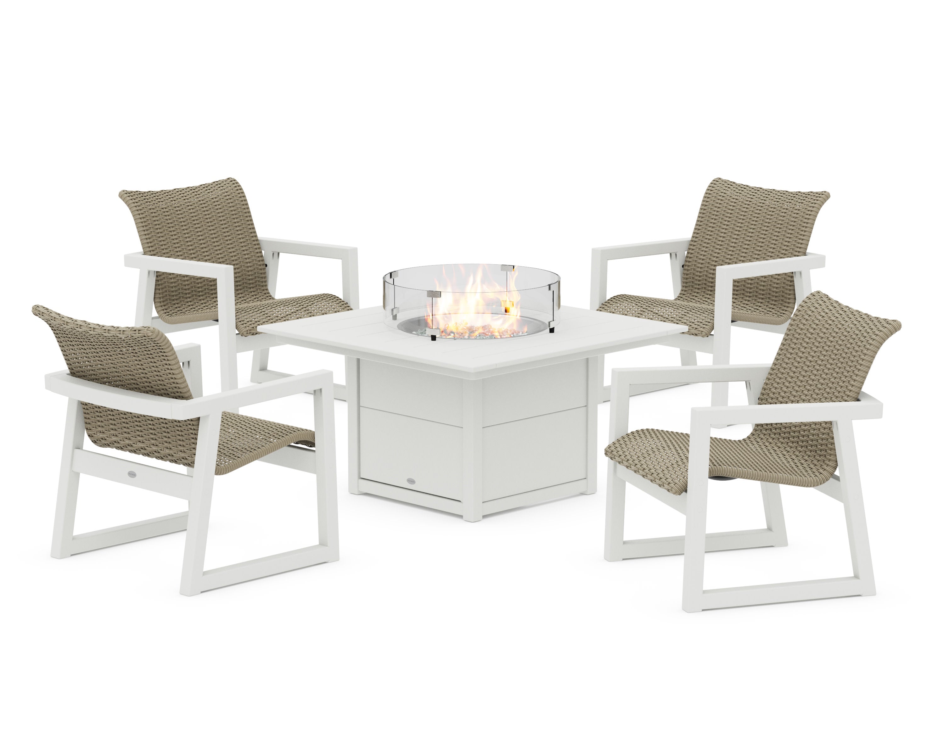 EDGE Woven 5-Piece Lounge Chair Seating Set with Fire Pit Table in Vintage White / Dune Grass