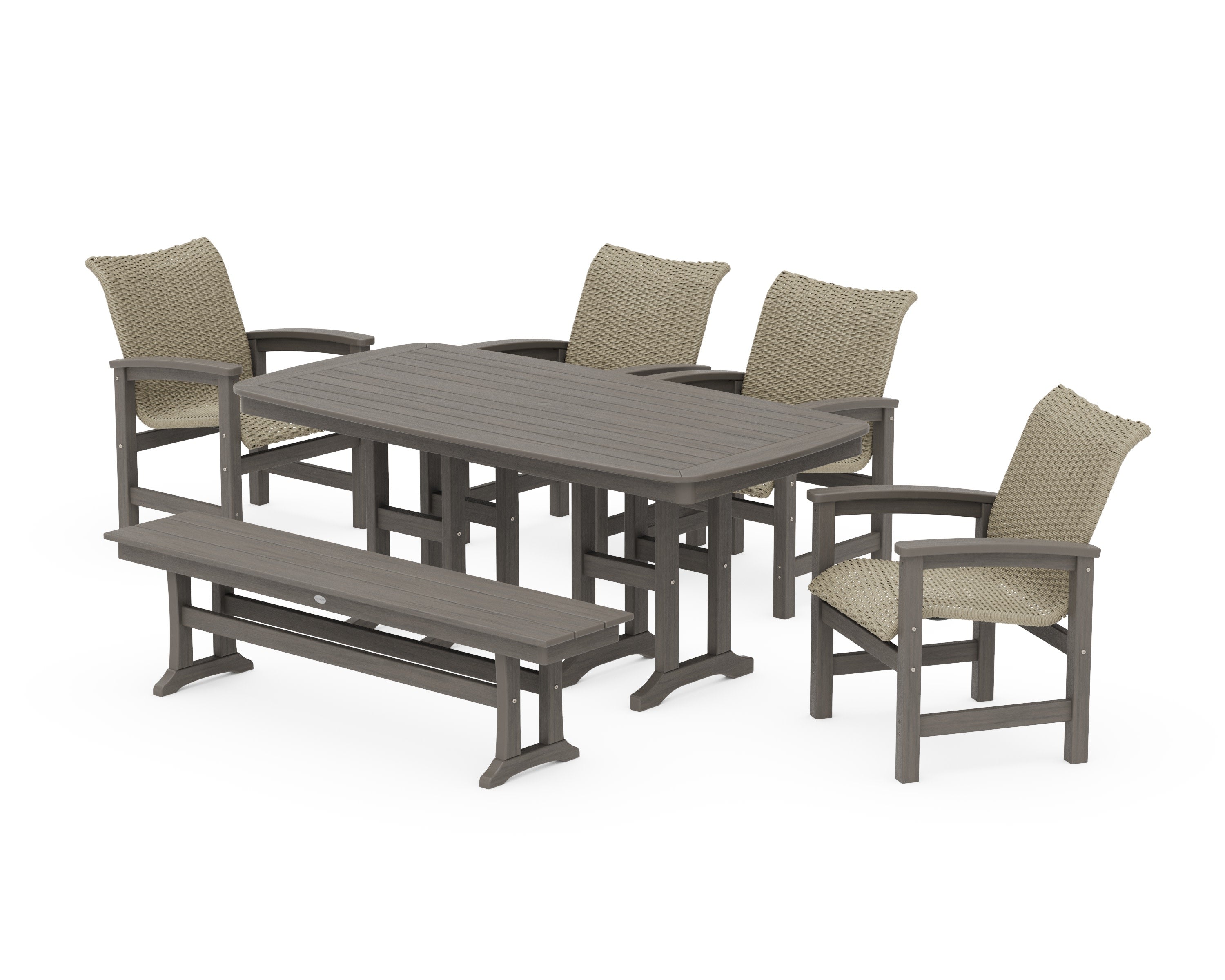 Coastal Woven 6-Piece Farmhouse Dining Set with Bench in Driftwood / Dune Grass