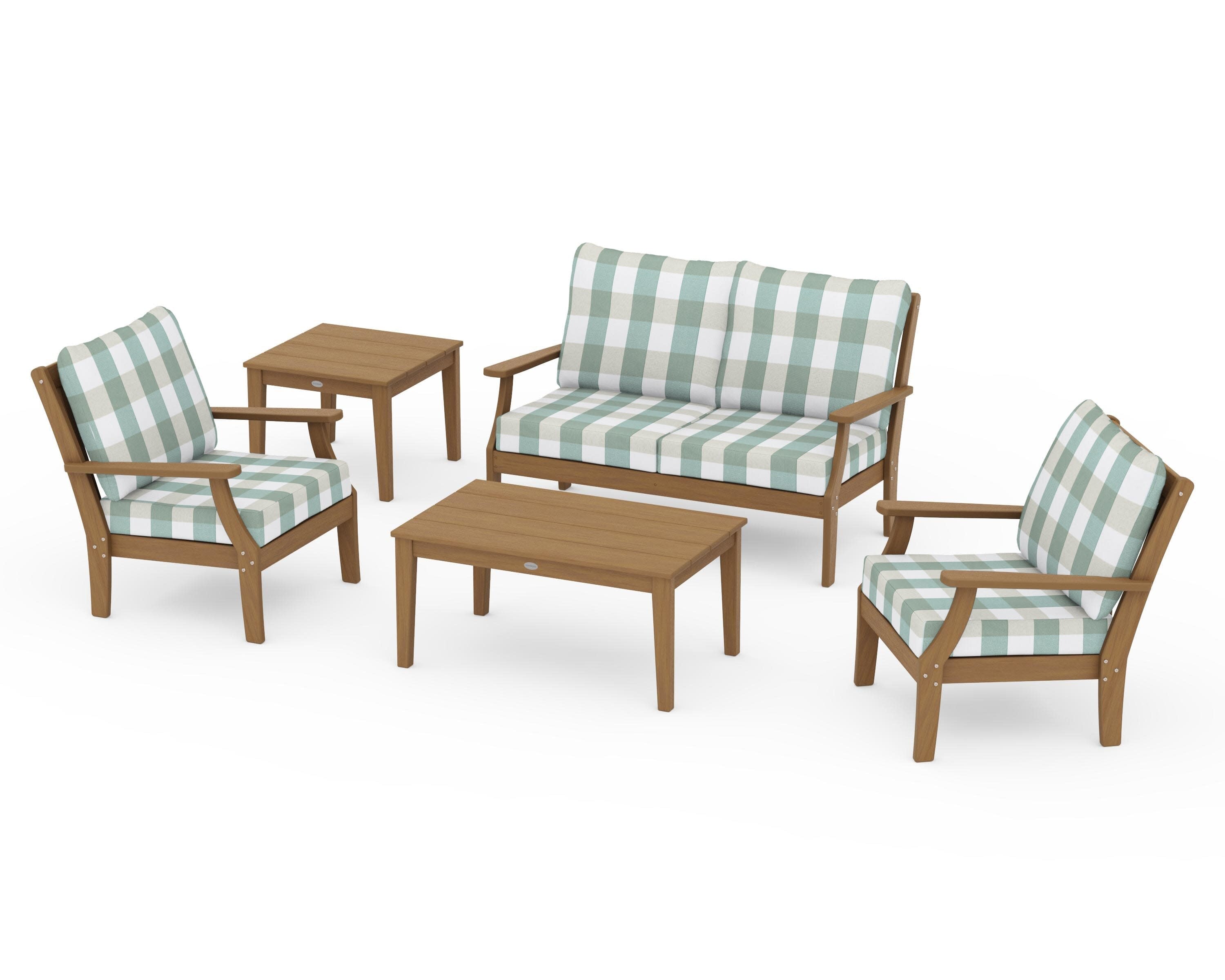 Braxton 5-Piece Deep Seating Set in Natural / Buffalo Plaid Glacier Spa