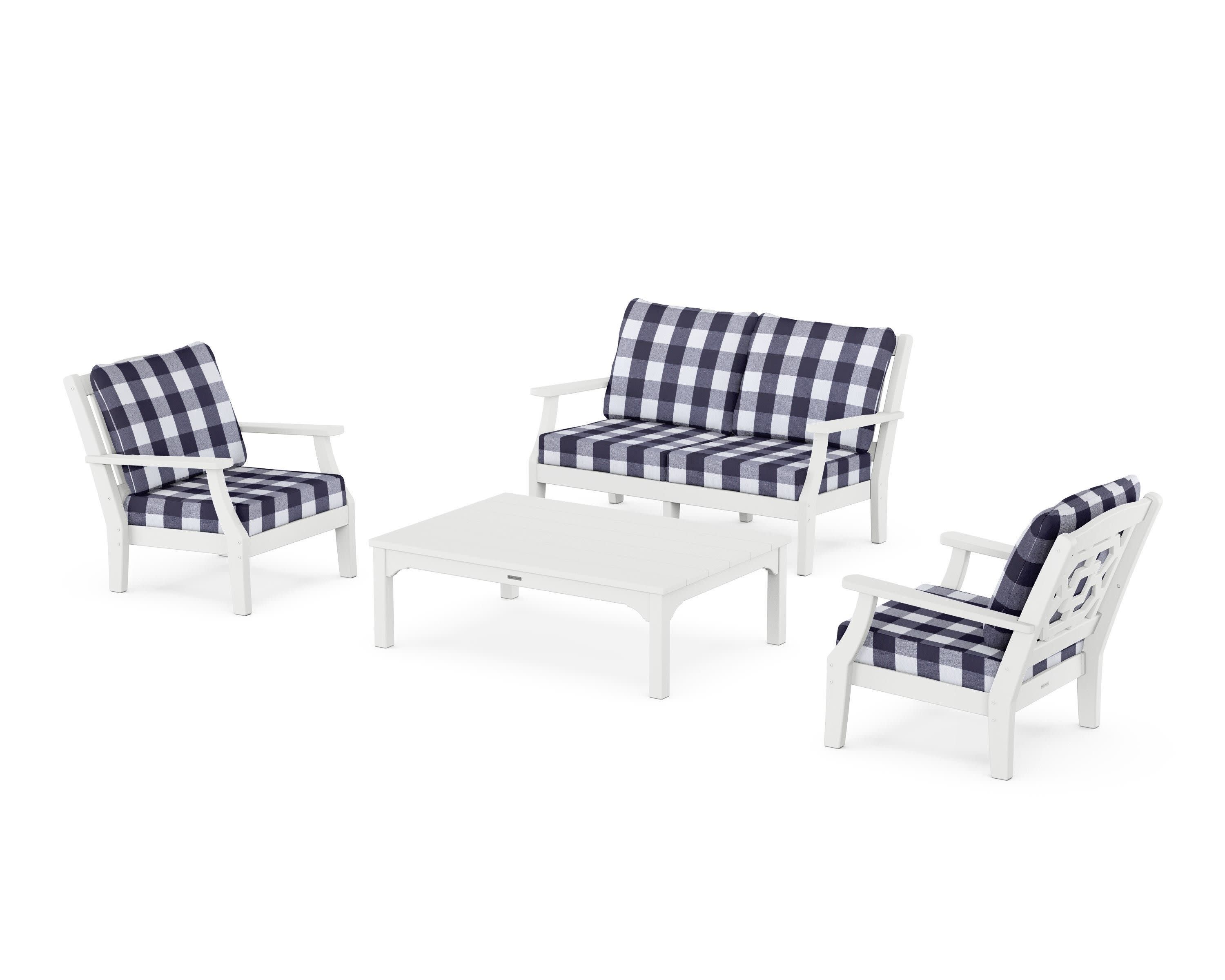 Chinoiserie 4-Piece Deep Seating Set with Loveseat in White / Buffalo Plaid Navy
