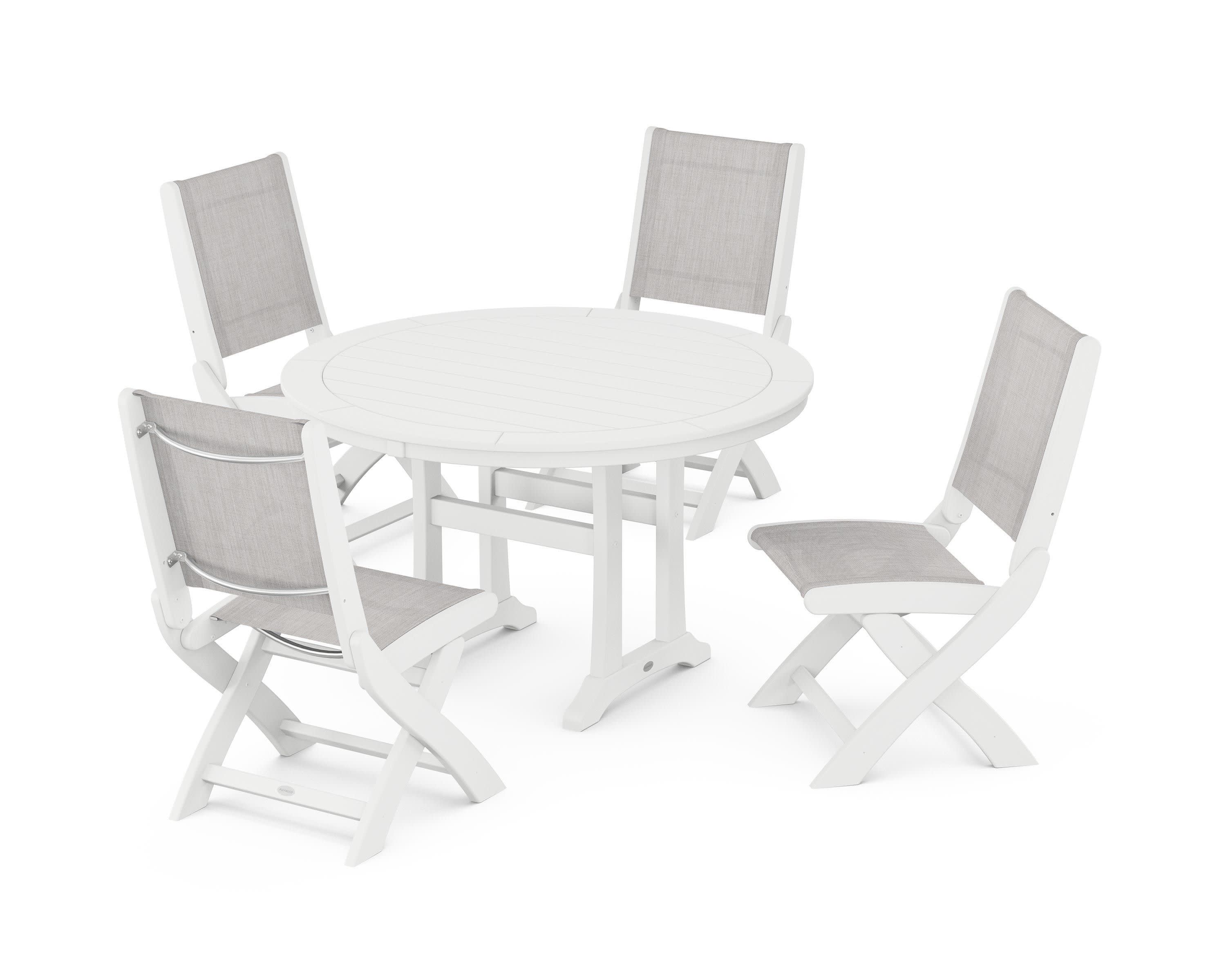 Coastal Folding Side Chair 5-Piece Round Dining Set With Trestle Legs in White / Parchment Sling