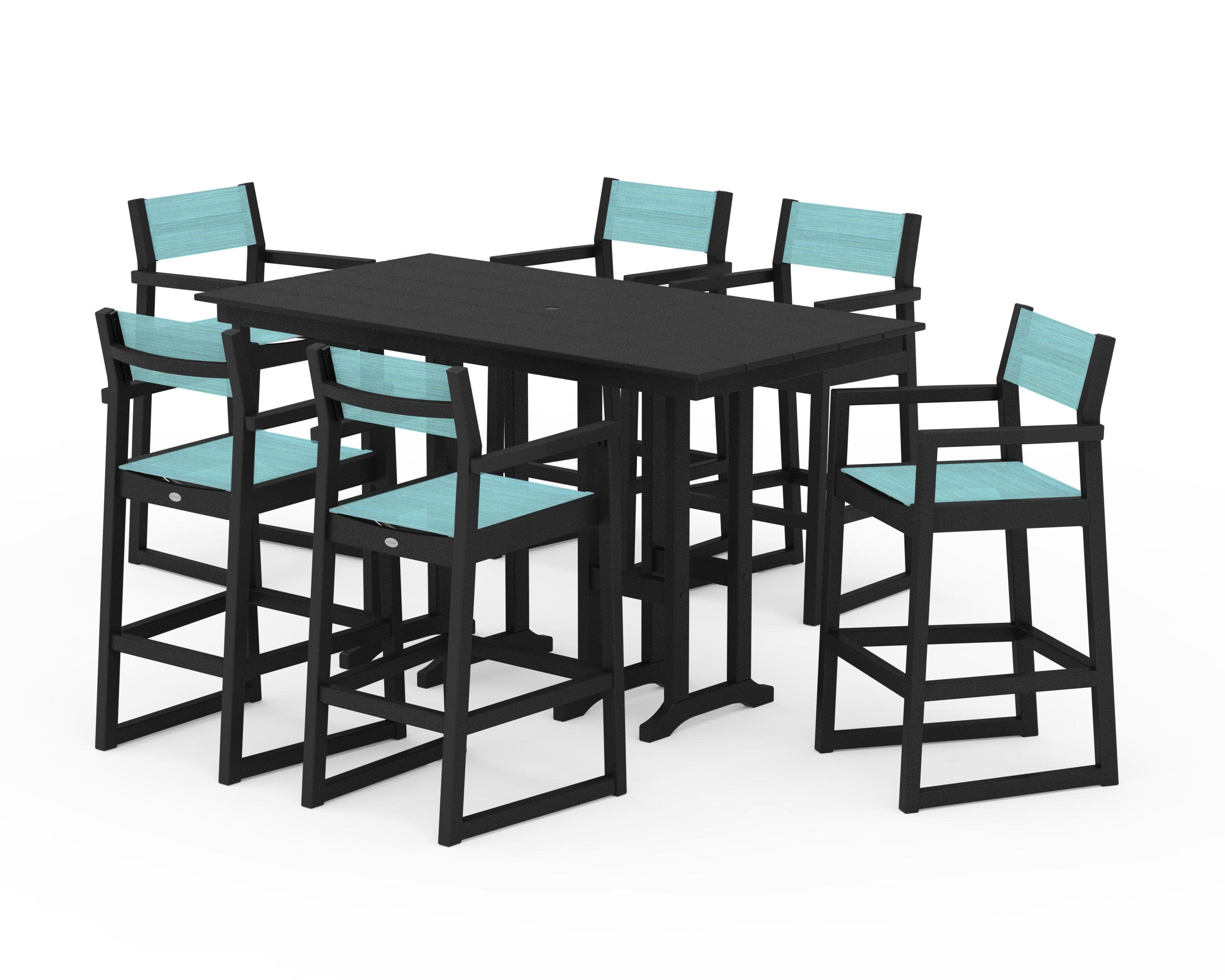 EDGE Sling Arm Chair 7-Piece Farmhouse Bar Set in Black / Dupioni Aquamarine Sling
