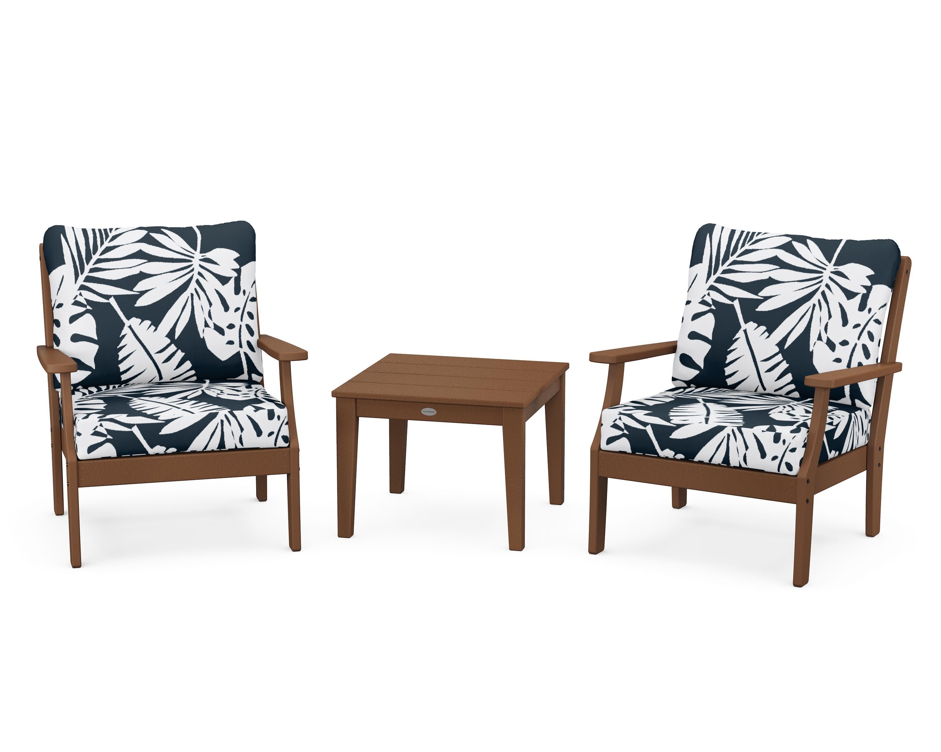 Braxton 3-Piece Deep Seating Set in Teak / Leaf Marine Indigo