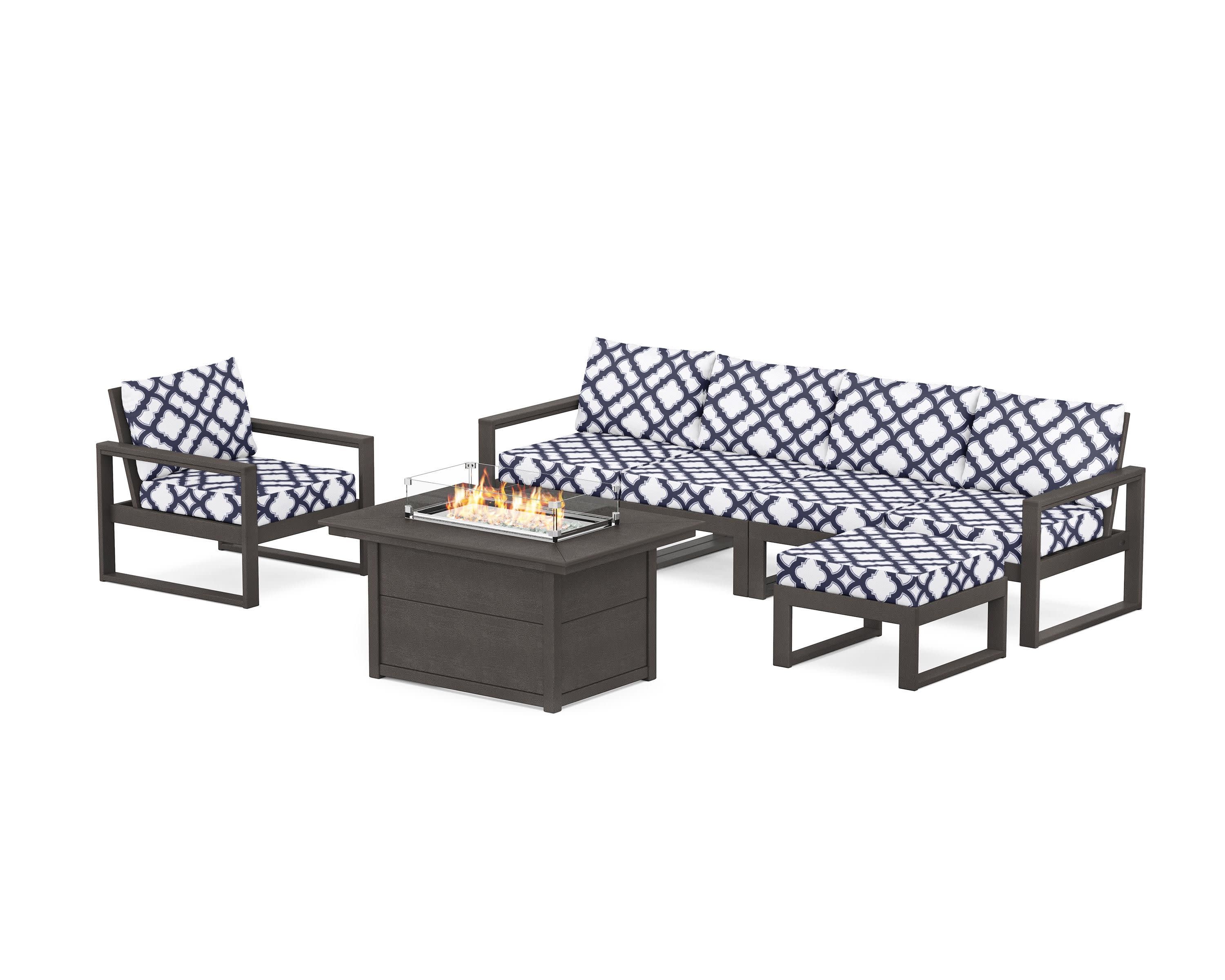 EDGE Sectional Lounge and Fire Pit Set in Vintage Coffee / Trellis Navy