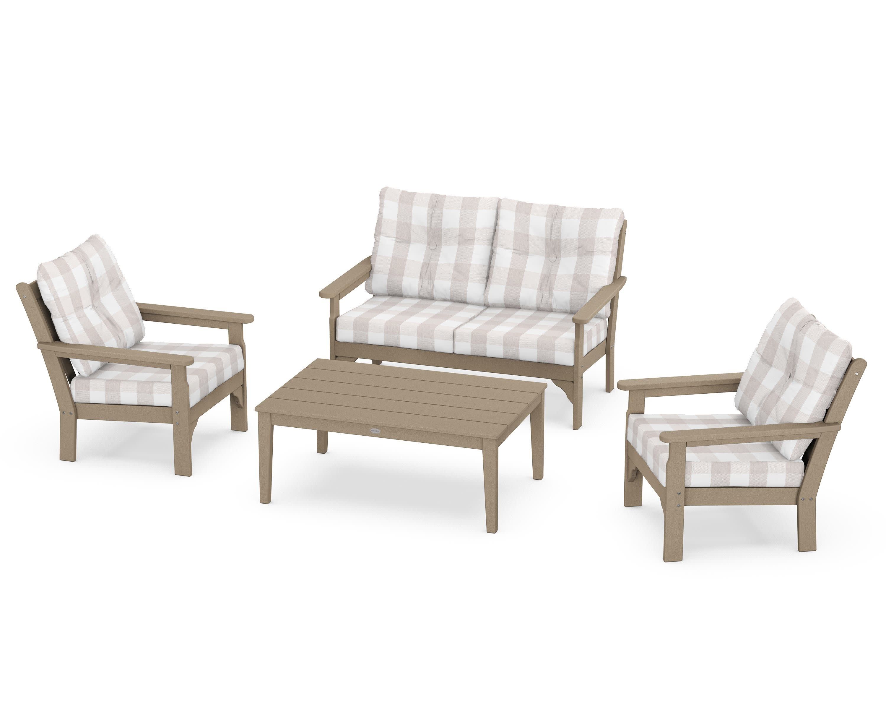 Vineyard 4-Piece Deep Seating Set in Vintage Sahara / Buffalo Plaid Dune Burlap