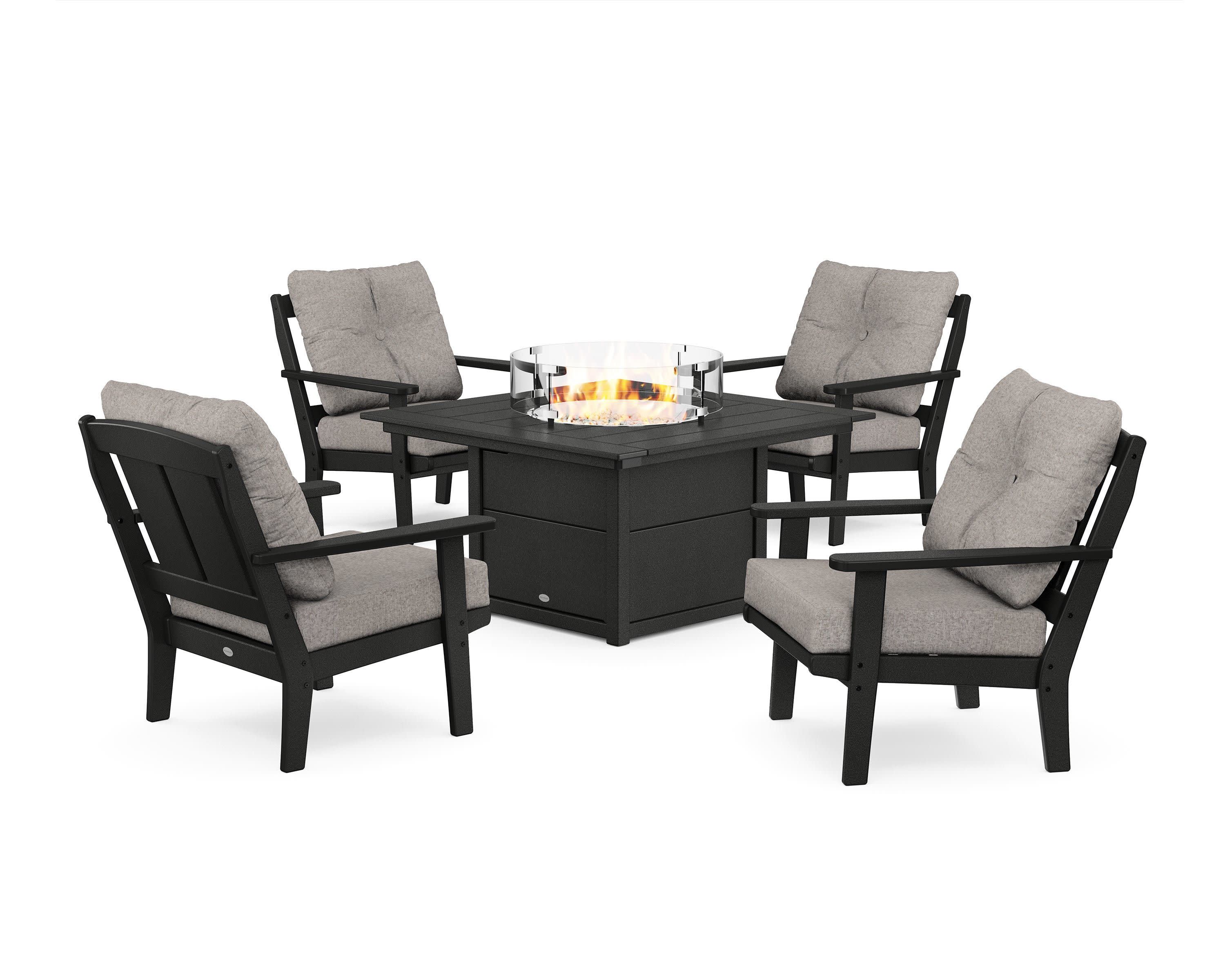 Mission 5-Piece Deep Seating Set with Fire Pit Table in Black / Weathered Tweed