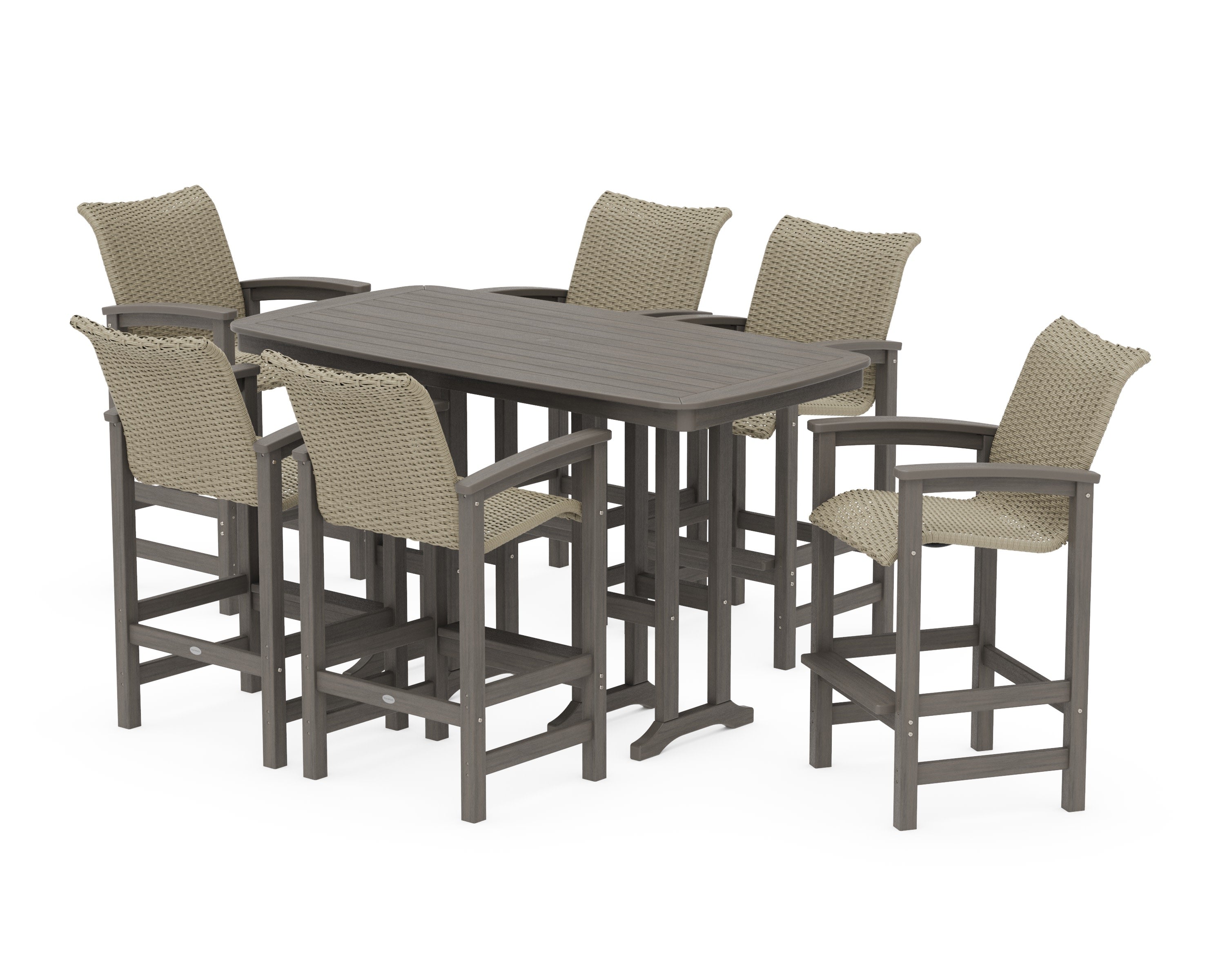 Coastal Woven Arm Chair 7-Piece Bar Set in Driftwood / Dune Grass