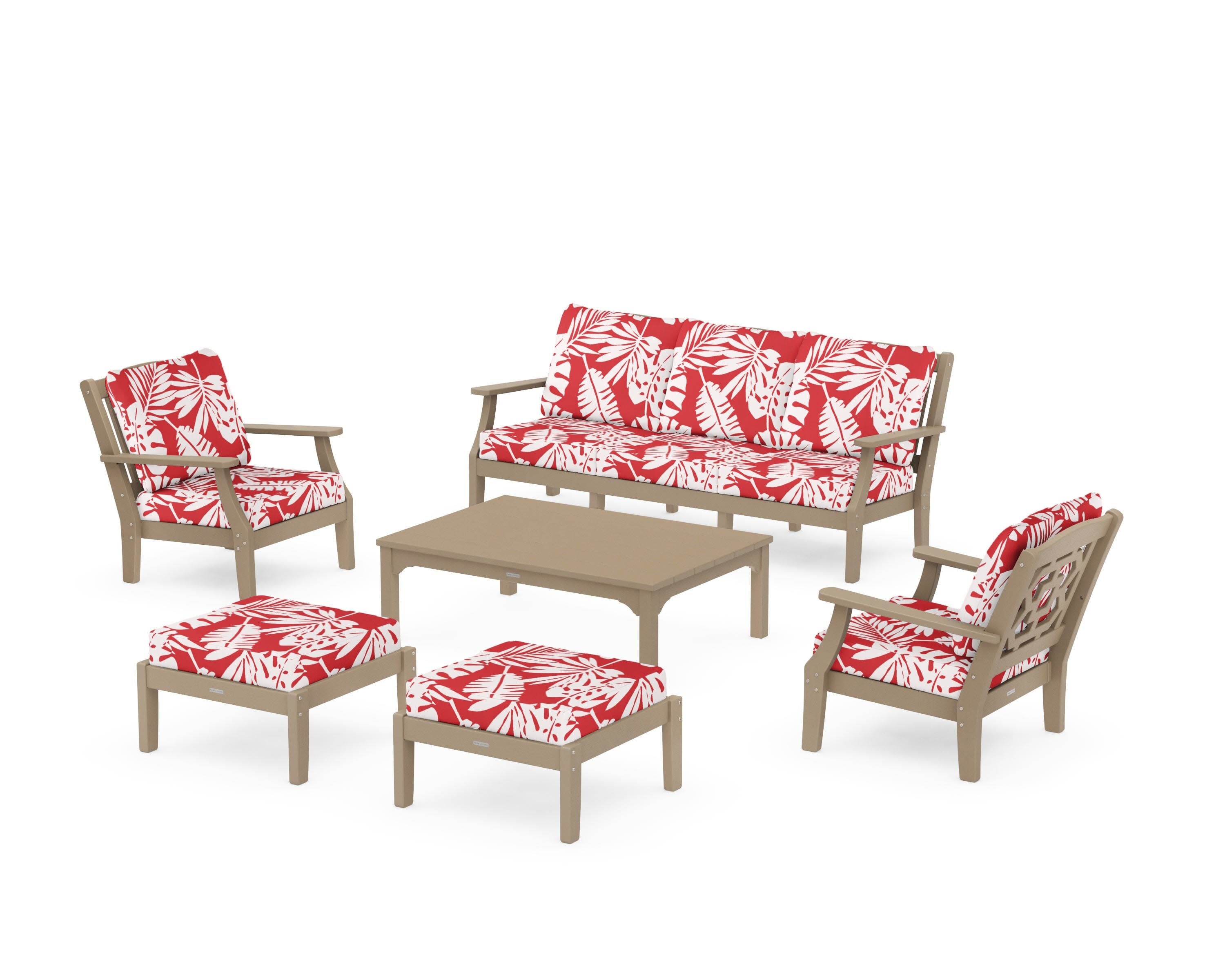 Chinoiserie 6-Piece Lounge Sofa Set in Vintage Sahara / Leaf Crimson
