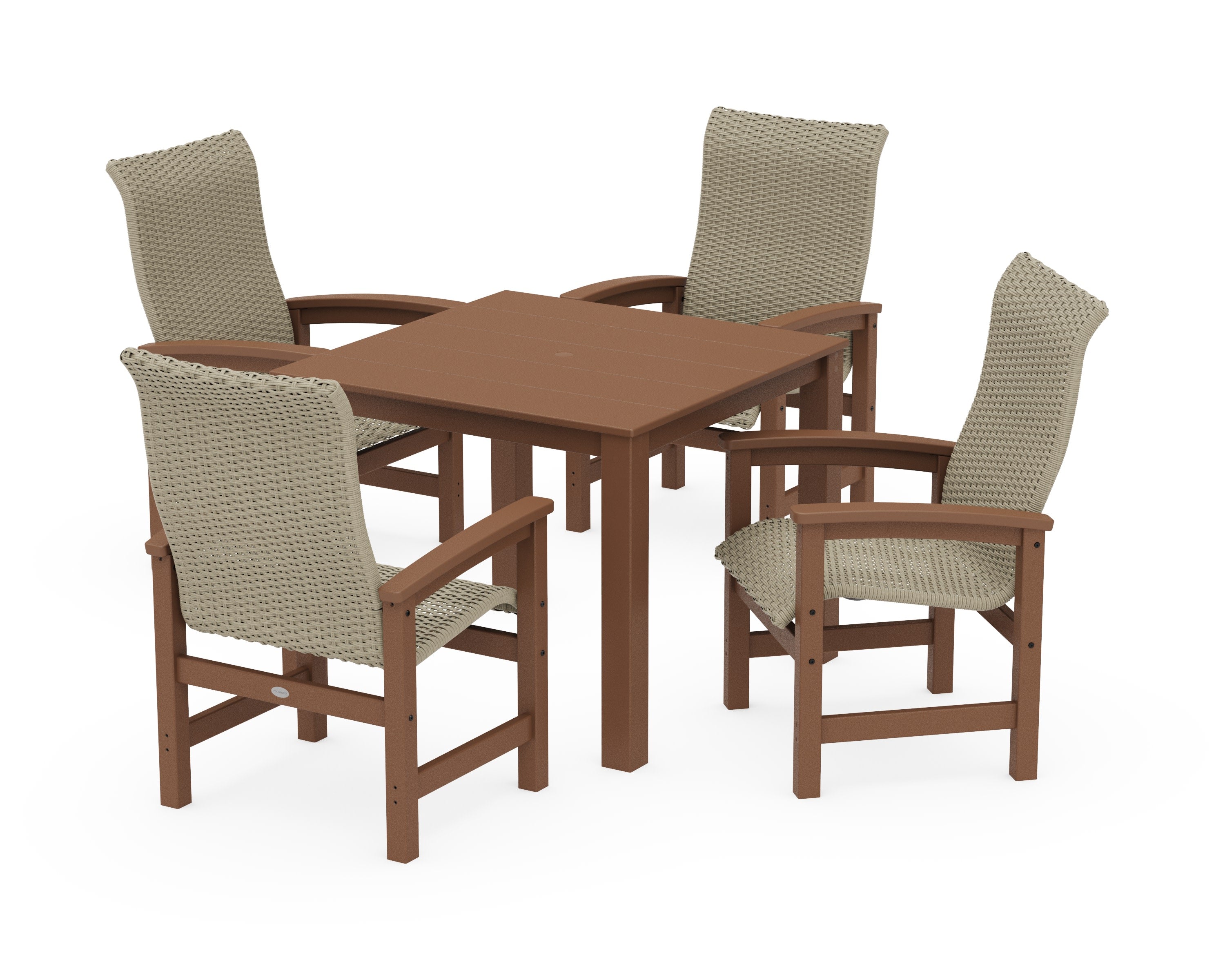 Coastal Woven High-Back 5-Piece Parsons Dining Set in Teak / Dune Grass